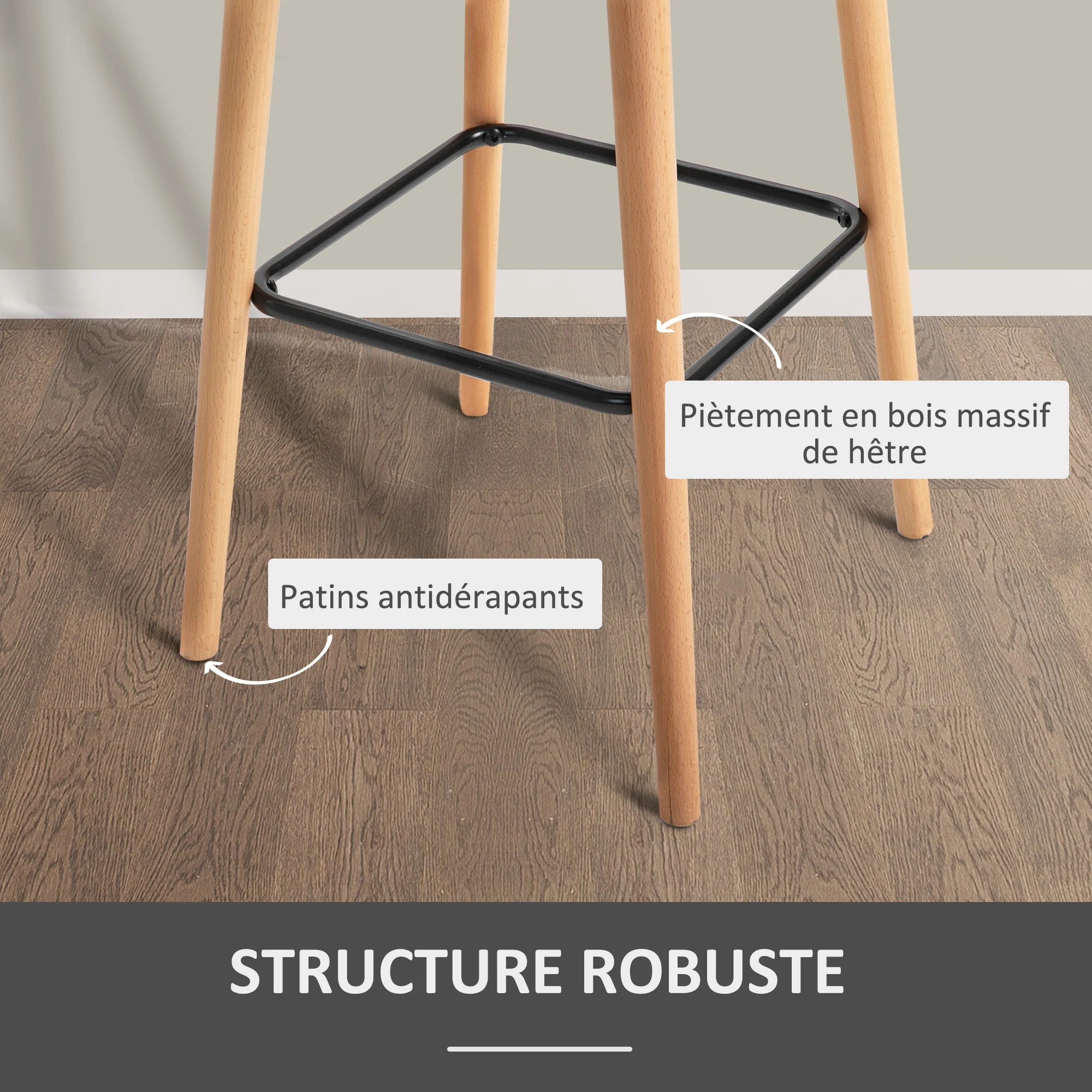 Tabourets de Bar Design scandinave - Lot de 2 tabourets de Bar Grand Confort avec Repose-Pieds et accoudoirs - Bois massif Lin Gris foncé - Image 7