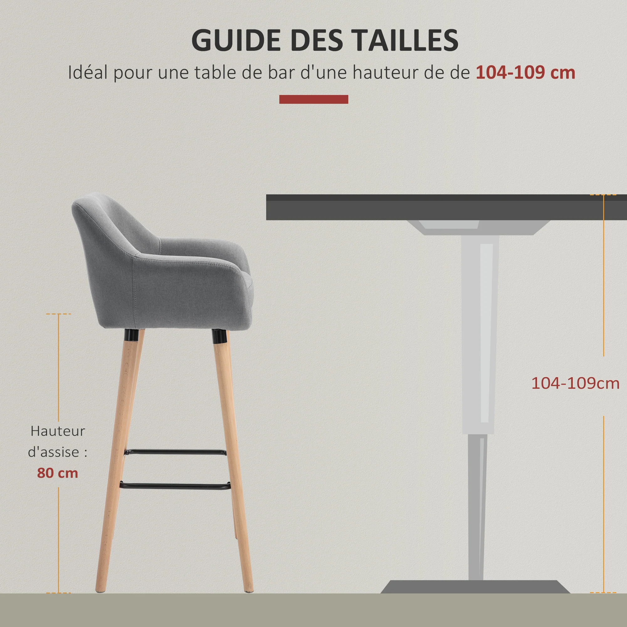 Tabourets de Bar Design scandinave - Lot de 2 tabourets de Bar Grand Confort avec Repose-Pieds et accoudoirs - Bois massif Lin Gris foncé - Image 8