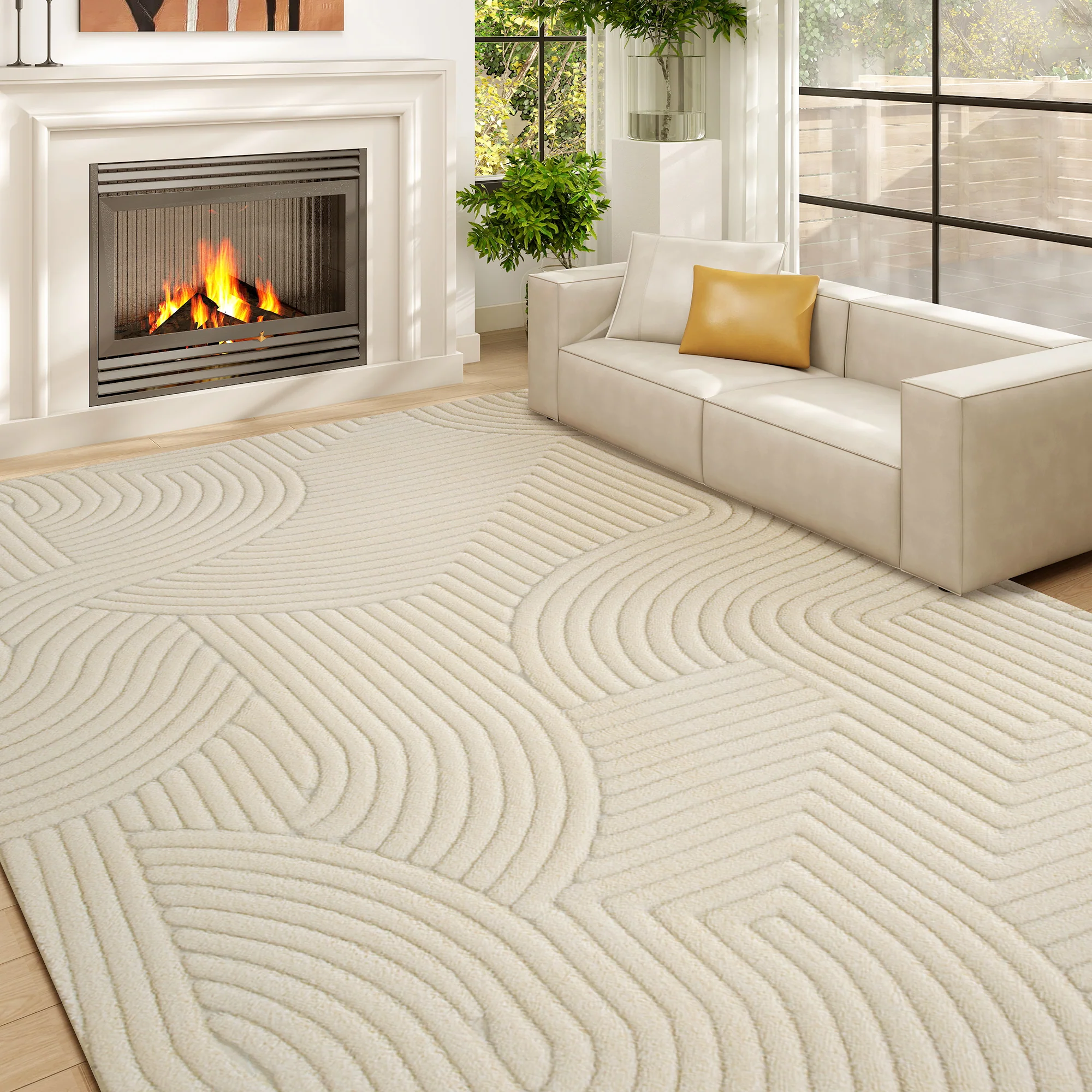 Tapis salon 160 x 120 cm, tapis à poils épais géométrique, moelleux et antidérapant, style moderne, pour salon, chambre à coucher, bureau, crème - Image 3