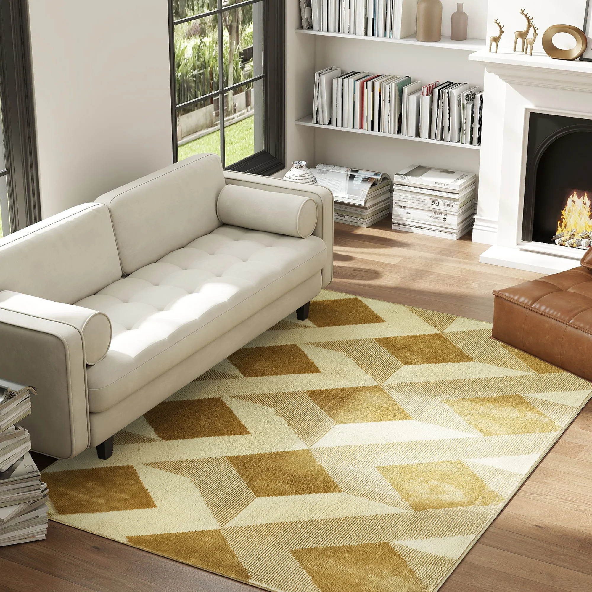 Tapis salon 170 x 120 cm tapis à poils courts, lavable en machine, hypoallergénique, pour salon, chambre à coucher, bureau, jaune - Image 3