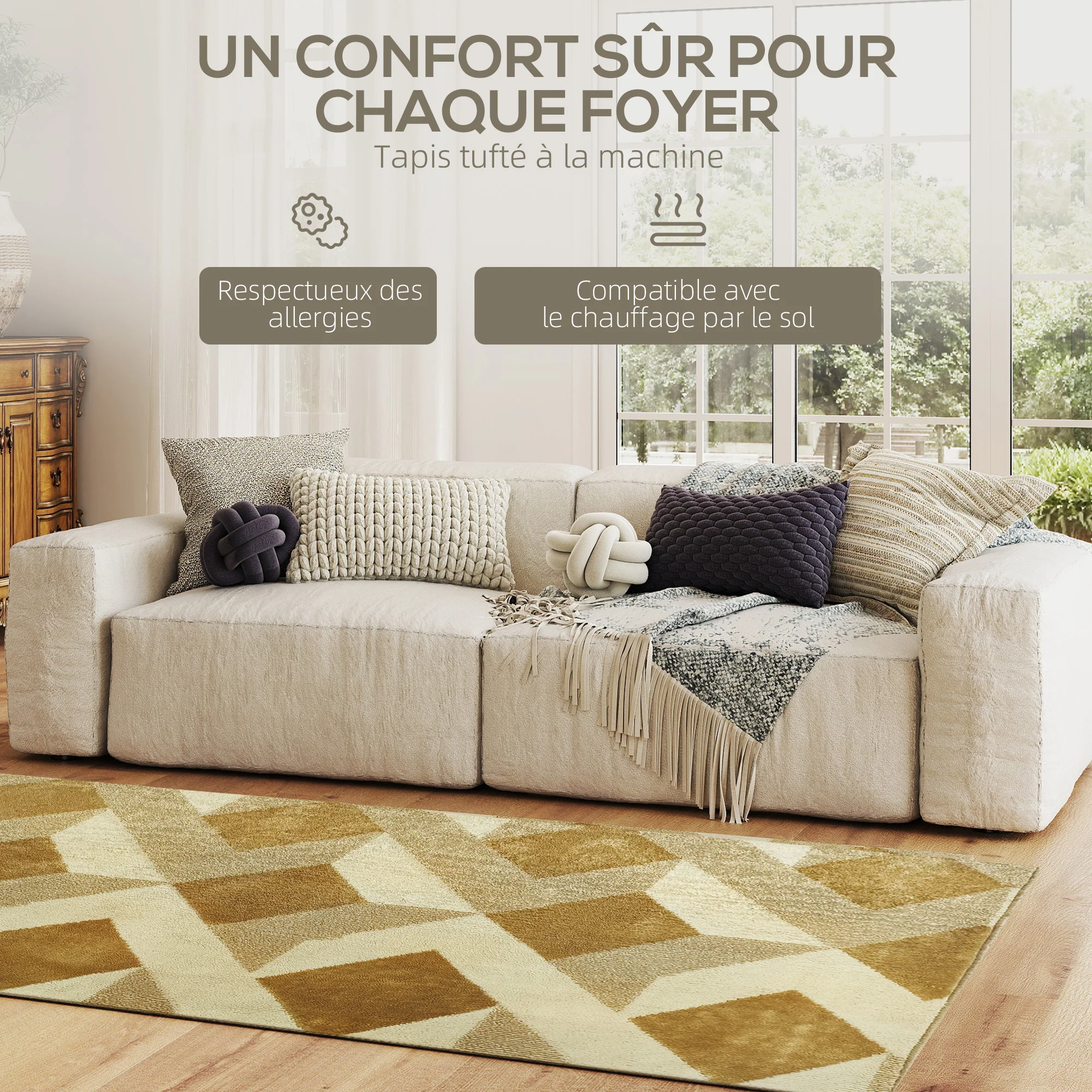 Tapis salon 170 x 120 cm tapis à poils courts, lavable en machine, hypoallergénique, pour salon, chambre à coucher, bureau, jaune - Image 5