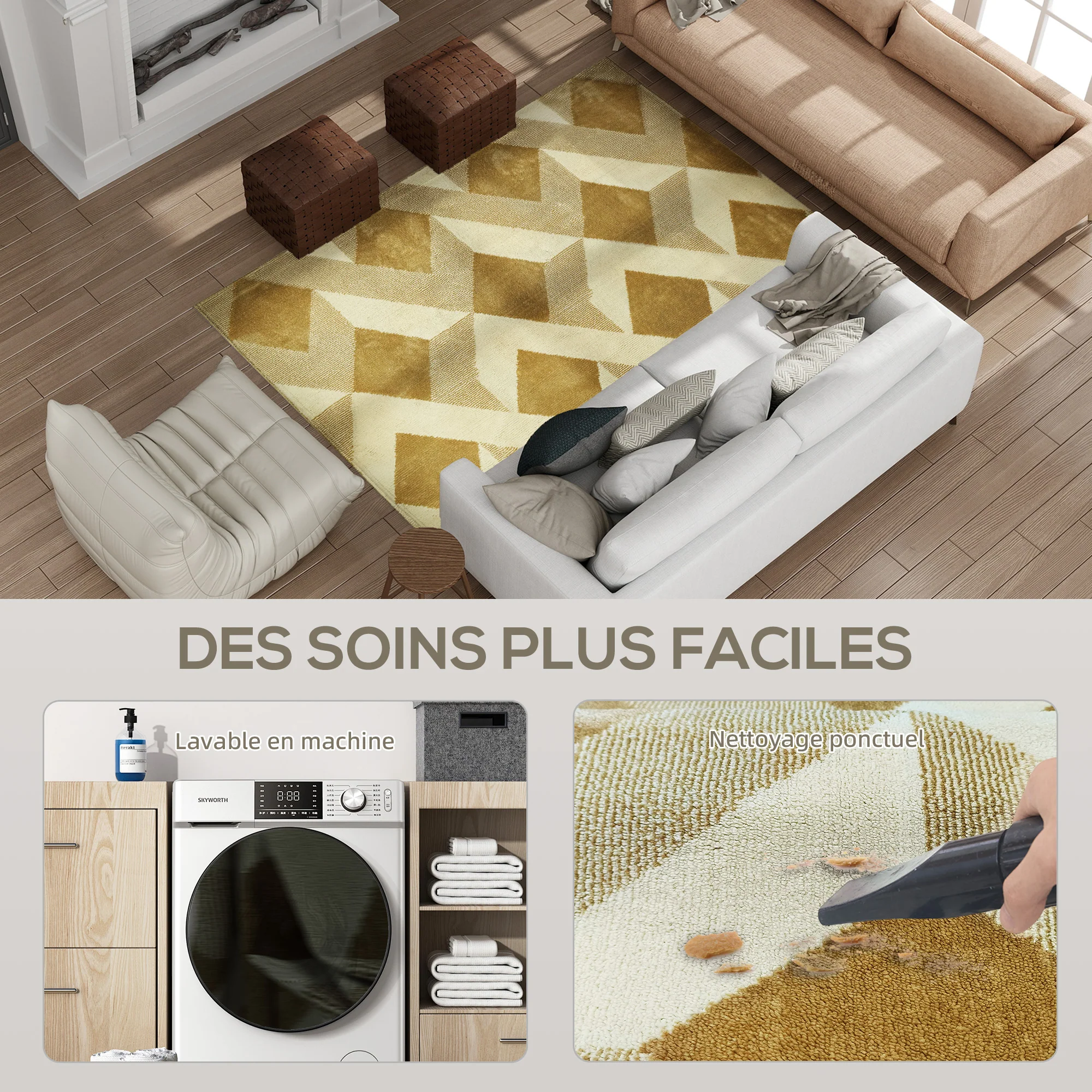 Tapis salon 170 x 120 cm tapis à poils courts, lavable en machine, hypoallergénique, pour salon, chambre à coucher, bureau, jaune - Image 7