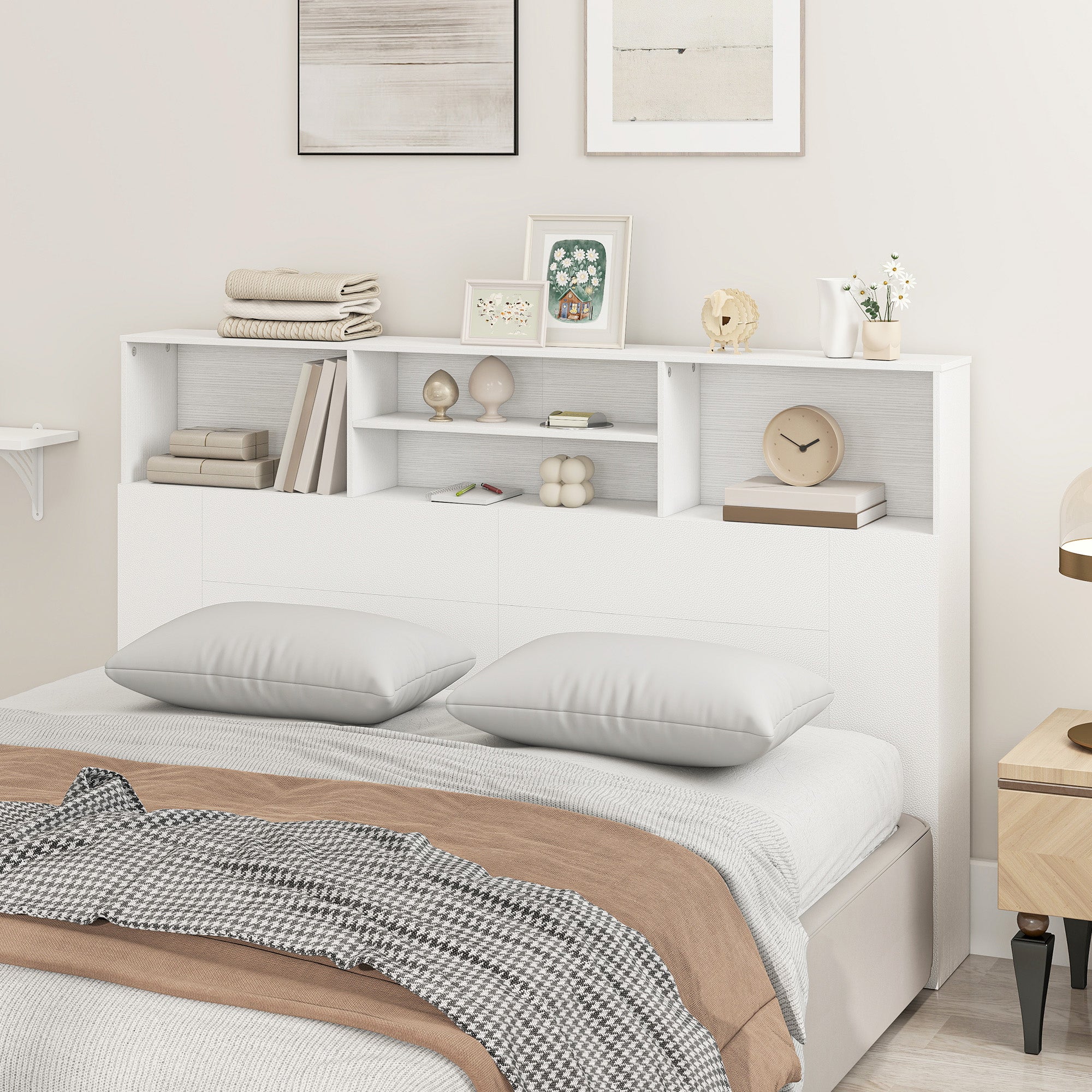 Tête de lit sur pied 160 cm avec rangements, accessoire de lit moderne avec 4 compartiments ouverts pour chambre, 160 x 20,2 x 108,2 cm, blanc - Image 3