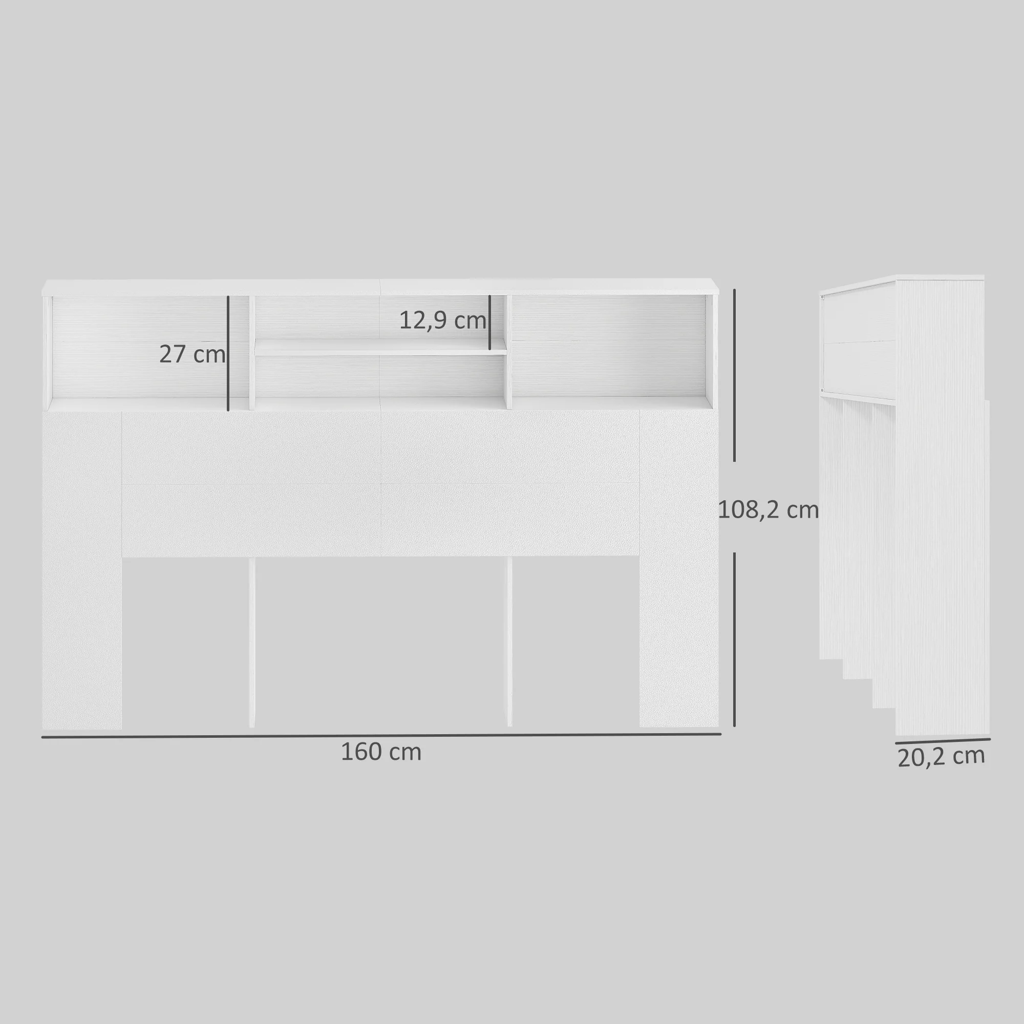 Tête de lit sur pied 160 cm avec rangements, accessoire de lit moderne avec 4 compartiments ouverts pour chambre, 160 x 20,2 x 108,2 cm, blanc - Image 4