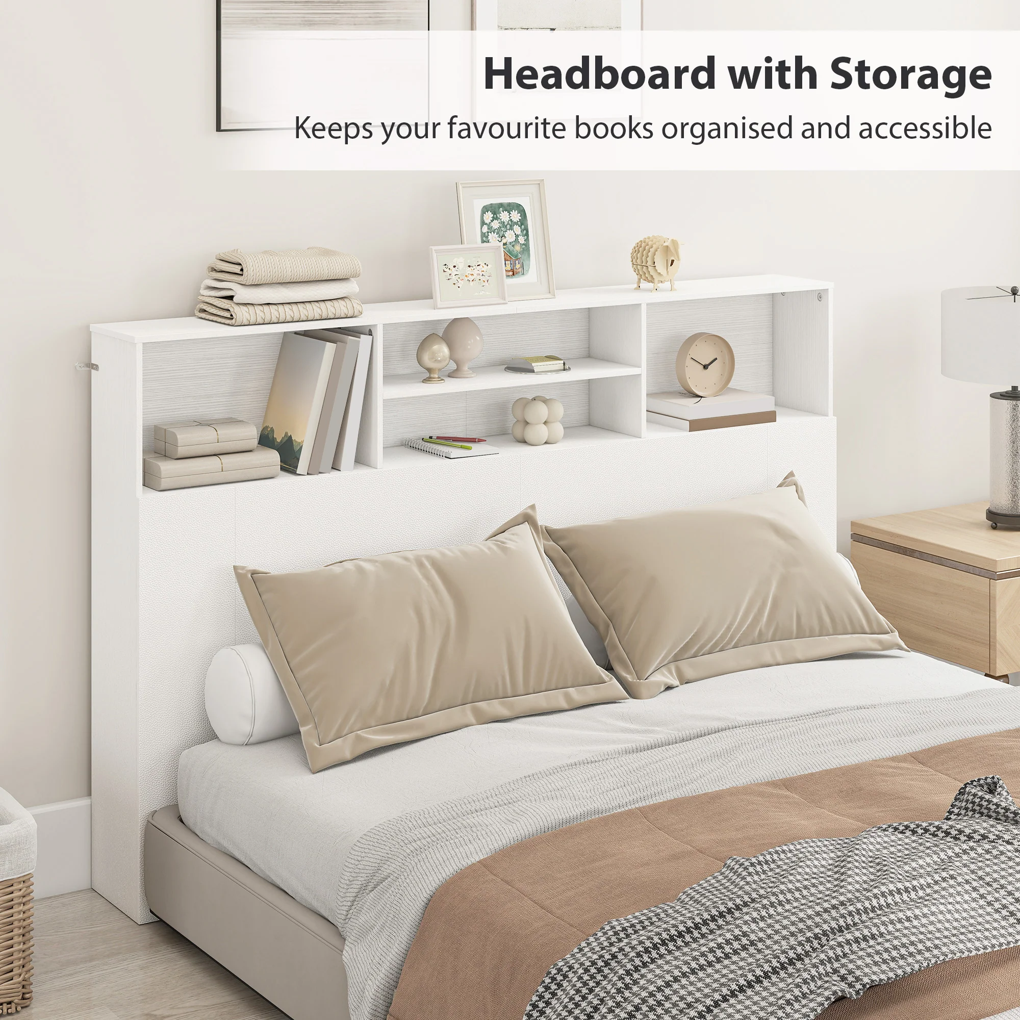 Tête de lit sur pied 160 cm avec rangements, accessoire de lit moderne avec 4 compartiments ouverts pour chambre, 160 x 20,2 x 108,2 cm, blanc - Image 5