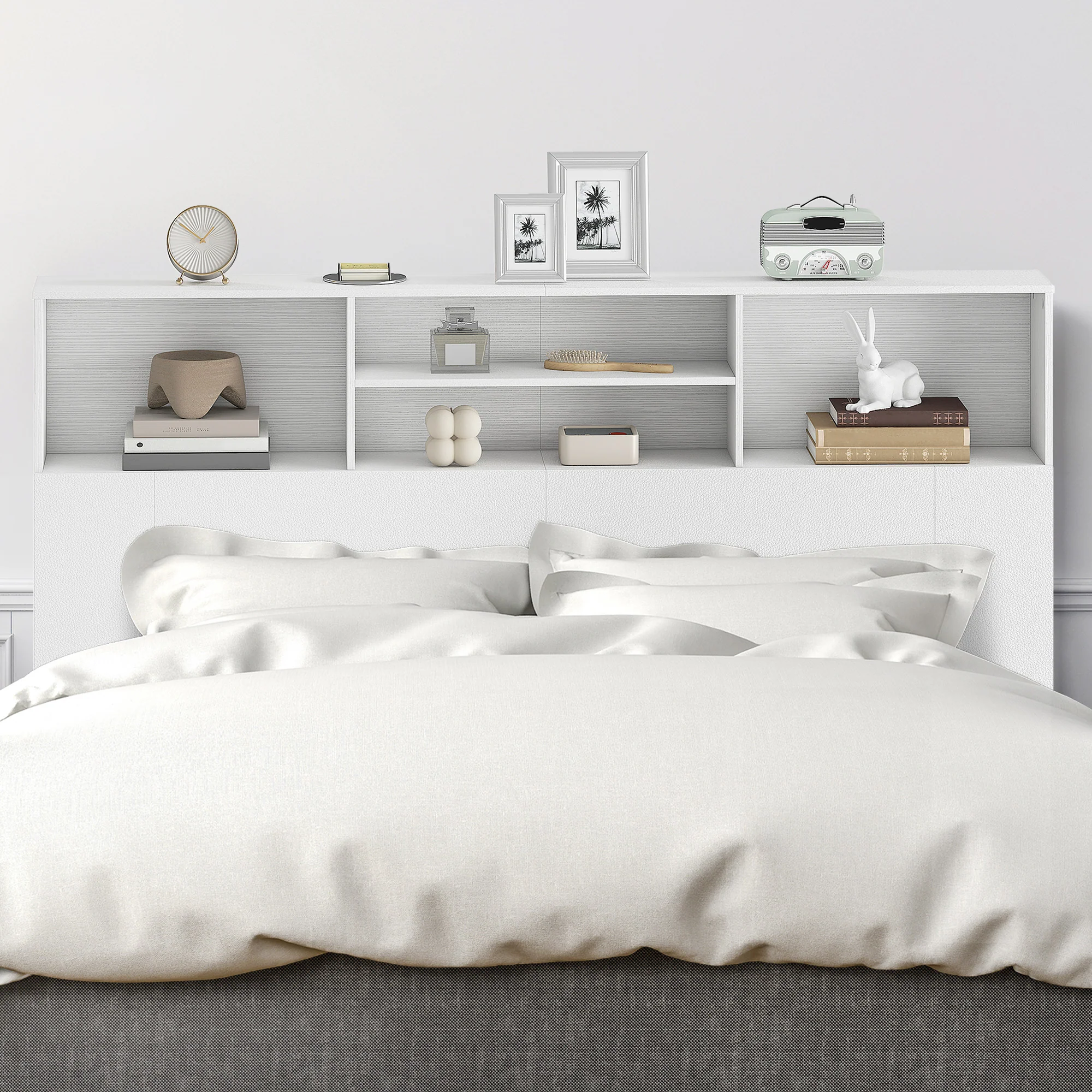 Tête de lit sur pied 160 cm avec rangements, accessoire de lit moderne avec 4 compartiments ouverts pour chambre, 160 x 20,2 x 108,2 cm, blanc - Image 7