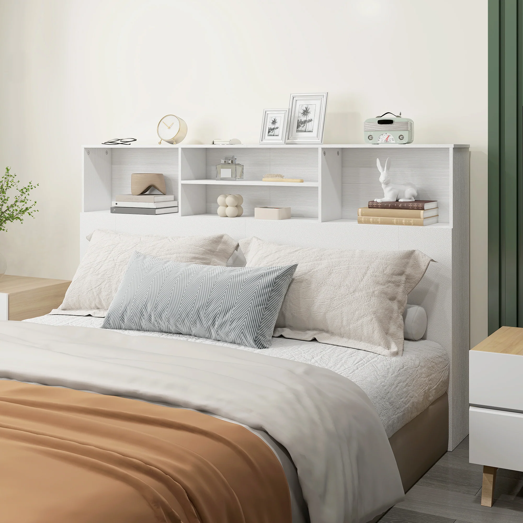 Tête de lit sur pied 160 cm avec rangements, accessoire de lit moderne avec 4 compartiments ouverts pour chambre, 160 x 20,2 x 108,2 cm, blanc - Image 8