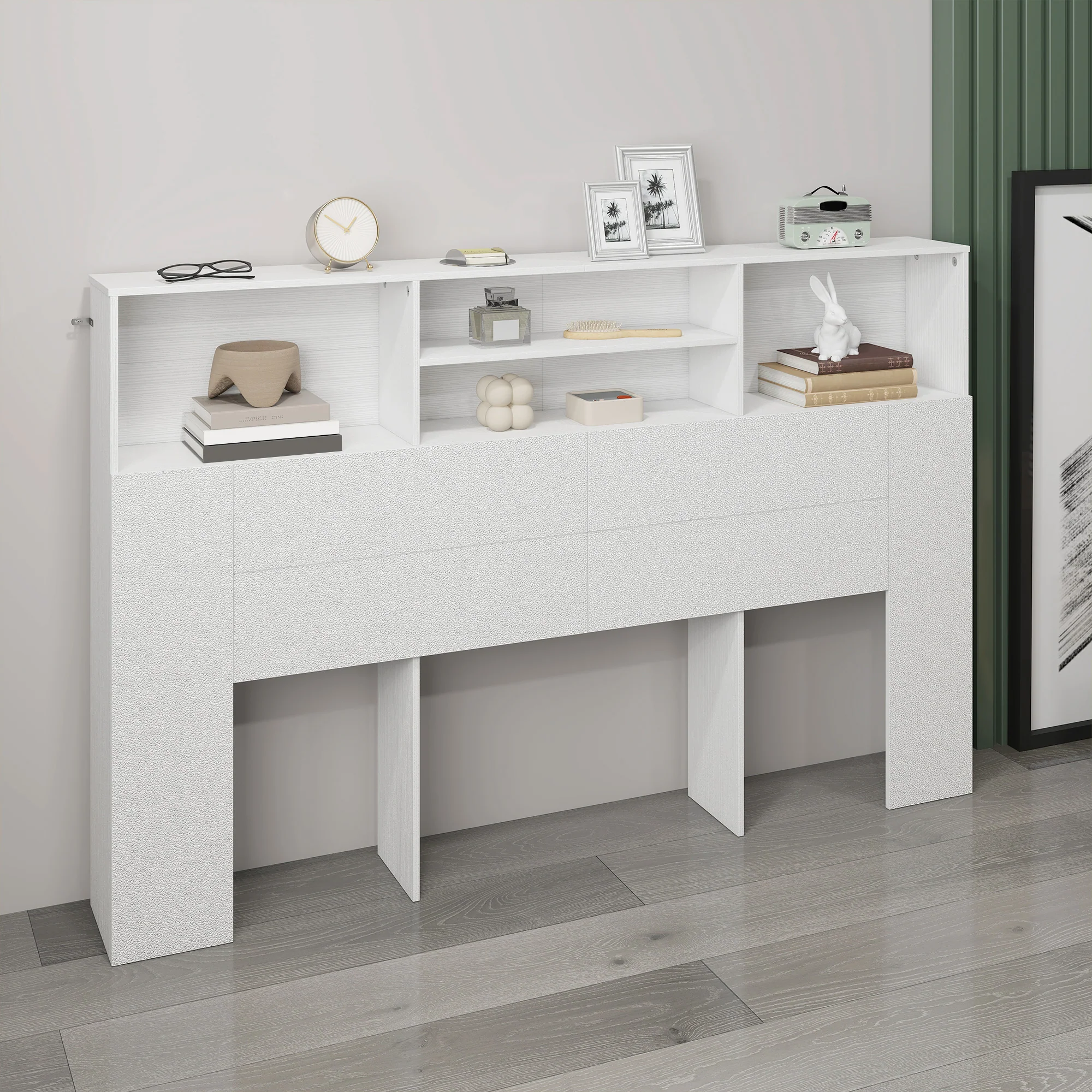 Tête de lit sur pied 160 cm avec rangements, accessoire de lit moderne avec 4 compartiments ouverts pour chambre, 160 x 20,2 x 108,2 cm, blanc - Image 9