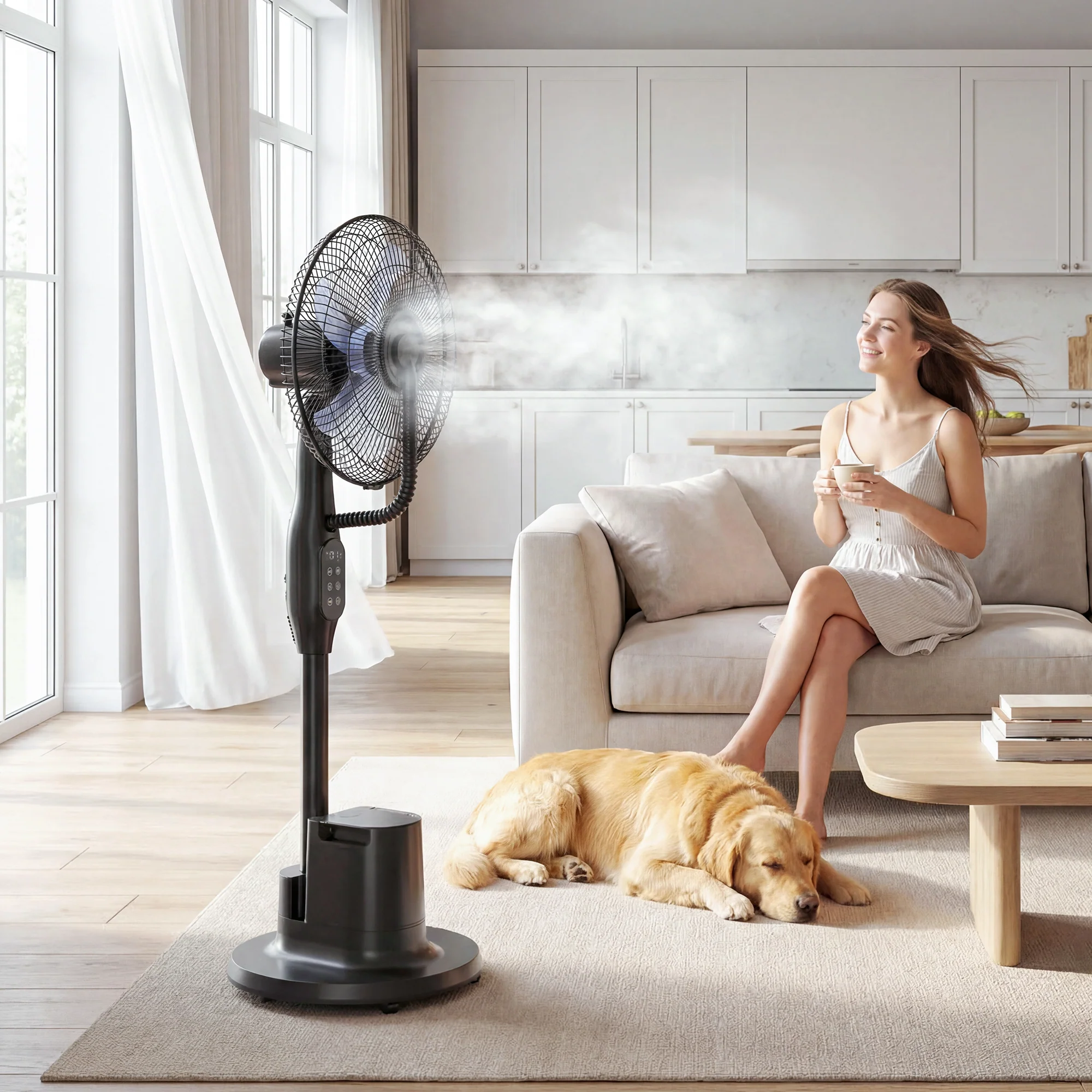 Ventilateur brumisateur silencieux 90 W, ventilateur sur pied 128 cm, oscillation 70°, 3 vitesses, 3 modes, réservoir d'eau 3,5 L, télécommande, minuterie 8 h, pour maison, bureau, noir - Image 11