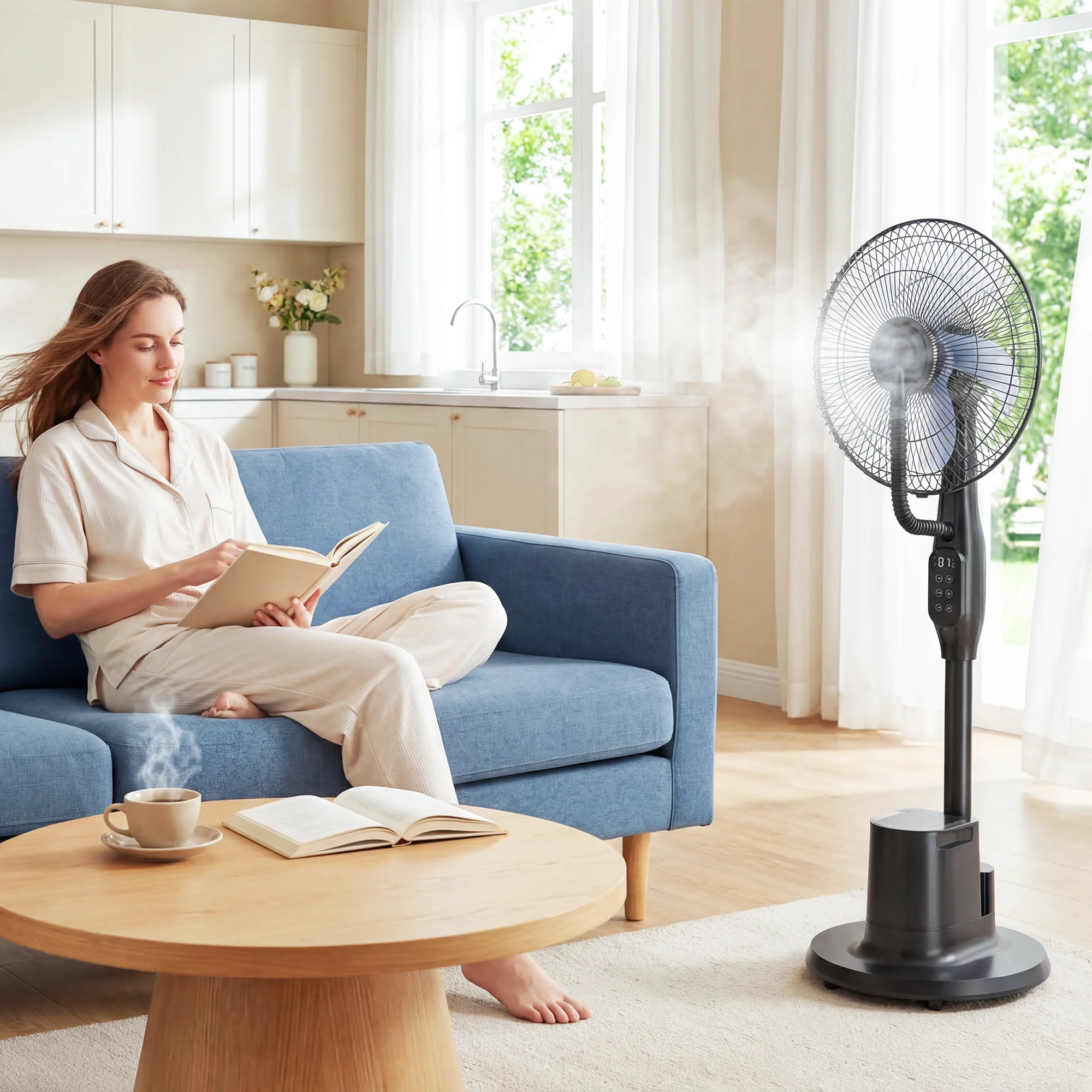 Ventilateur brumisateur silencieux 90 W, ventilateur sur pied 128 cm, oscillation 70°, 3 vitesses, 3 modes, réservoir d'eau 3,5 L, télécommande, minuterie 8 h, pour maison, bureau, noir - Image 3