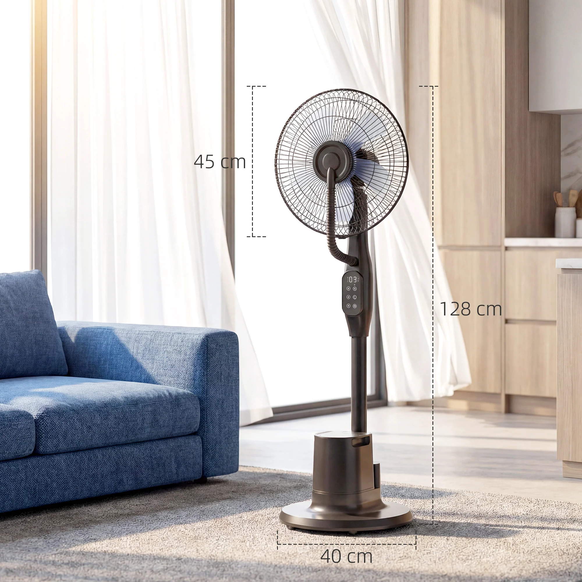 Ventilateur brumisateur silencieux 90 W, ventilateur sur pied 128 cm, oscillation 70°, 3 vitesses, 3 modes, réservoir d'eau 3,5 L, télécommande, minuterie 8 h, pour maison, bureau, noir - Image 4