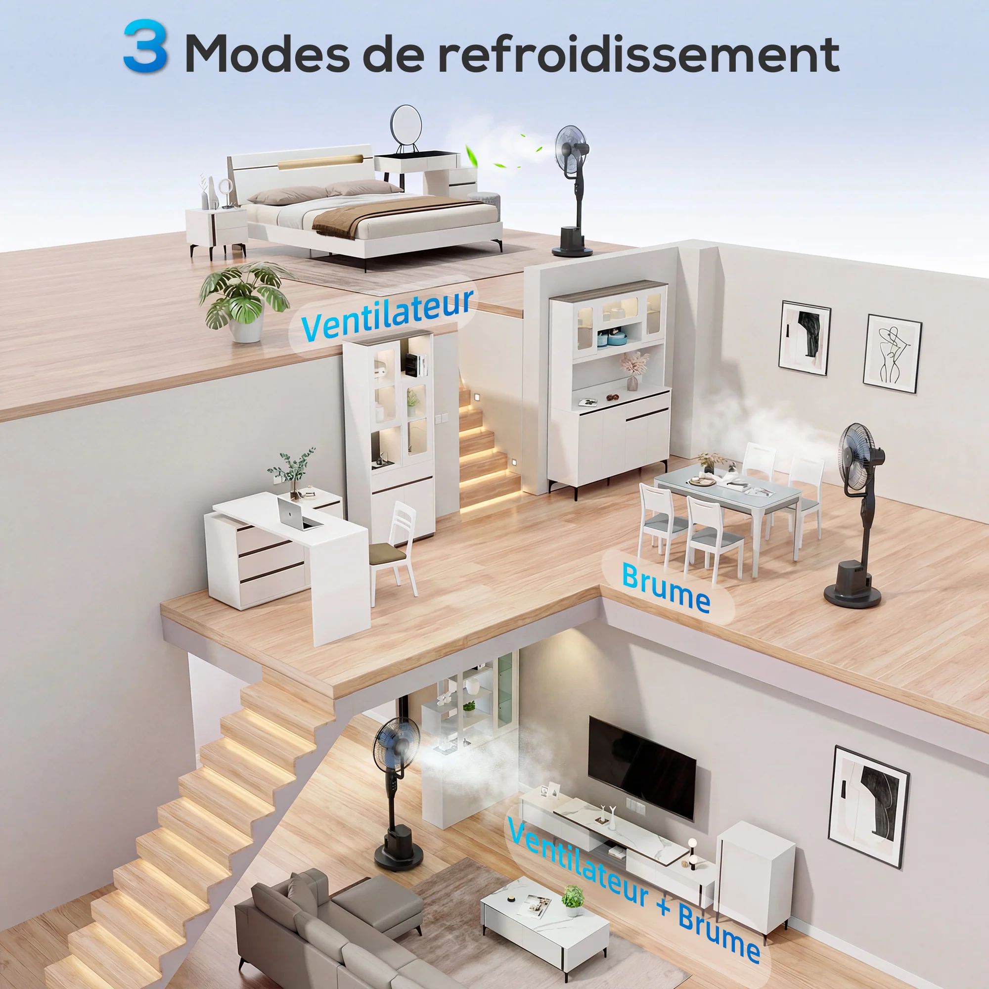 Ventilateur brumisateur silencieux 90 W, ventilateur sur pied 128 cm, oscillation 70°, 3 vitesses, 3 modes, réservoir d'eau 3,5 L, télécommande, minuterie 8 h, pour maison, bureau, noir - Image 5