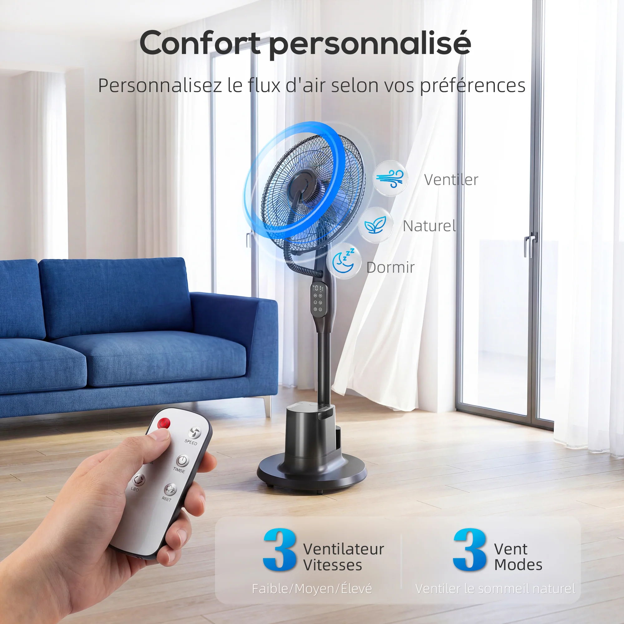 Ventilateur brumisateur silencieux 90 W, ventilateur sur pied 128 cm, oscillation 70°, 3 vitesses, 3 modes, réservoir d'eau 3,5 L, télécommande, minuterie 8 h, pour maison, bureau, noir - Image 6