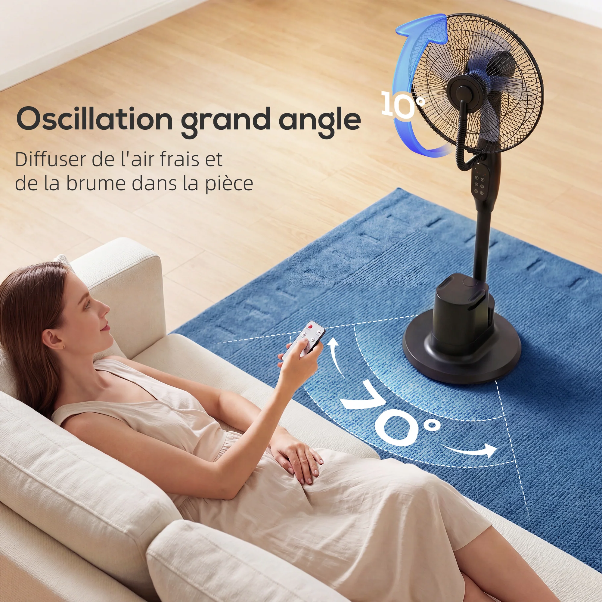 Ventilateur brumisateur silencieux 90 W, ventilateur sur pied 128 cm, oscillation 70°, 3 vitesses, 3 modes, réservoir d'eau 3,5 L, télécommande, minuterie 8 h, pour maison, bureau, noir - Image 7