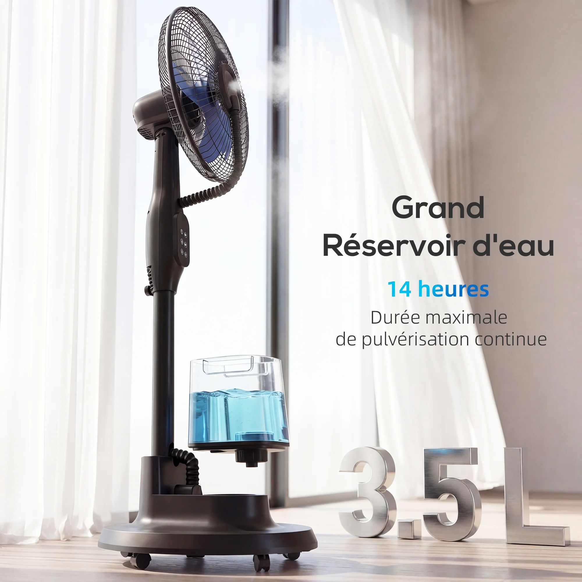 Ventilateur brumisateur silencieux 90 W, ventilateur sur pied 128 cm, oscillation 70°, 3 vitesses, 3 modes, réservoir d'eau 3,5 L, télécommande, minuterie 8 h, pour maison, bureau, noir - Image 9