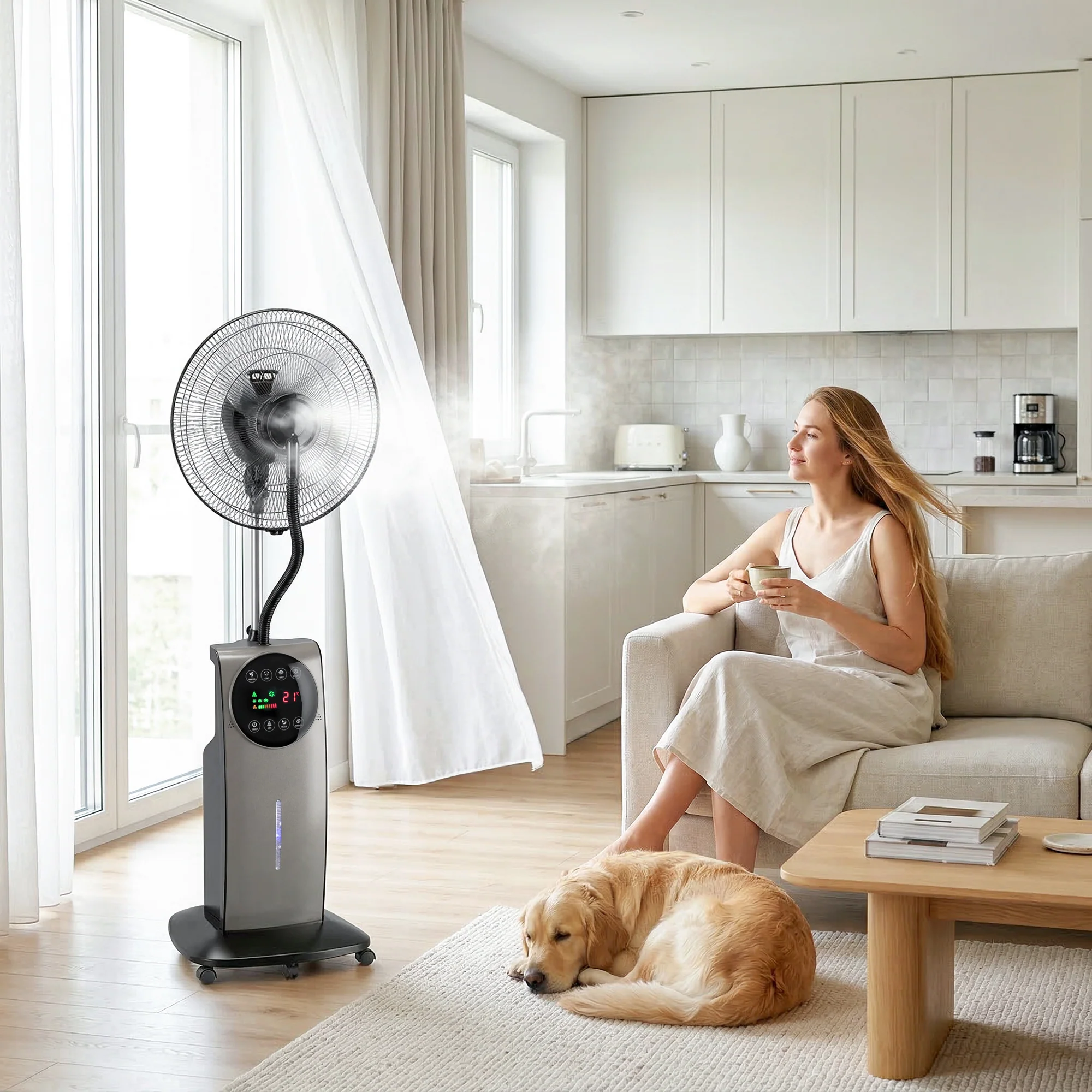 Ventilateur brumisateur silencieux 90W, ventilateur sur pied 138cm, oscillation 70°, 3 vitesses, 3 modes, ionisation négative, antimoustique, réservoir d'eau 3,1L, télécommande et minuterie 12h - Image 11
