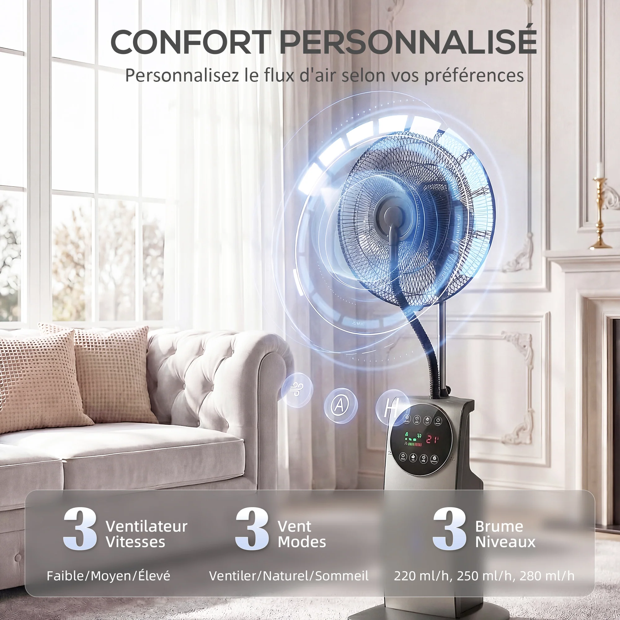 Ventilateur brumisateur silencieux 90W, ventilateur sur pied 138cm, oscillation 70°, 3 vitesses, 3 modes, ionisation négative, antimoustique, réservoir d'eau 3,1L, télécommande et minuterie 12h - Image 6