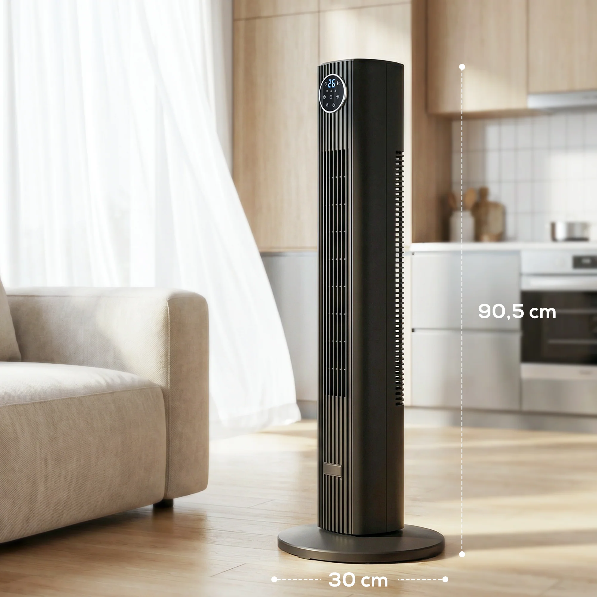 Ventilateur colonne silencieux 28dB, vitesse 8m/s, ventilateur tour pour chambre, 90,5cm de haut, oscillant à 80°, écran LED, télécommande, 12 vitesses, 4 modes, minuterie 12H, noir - Image 4