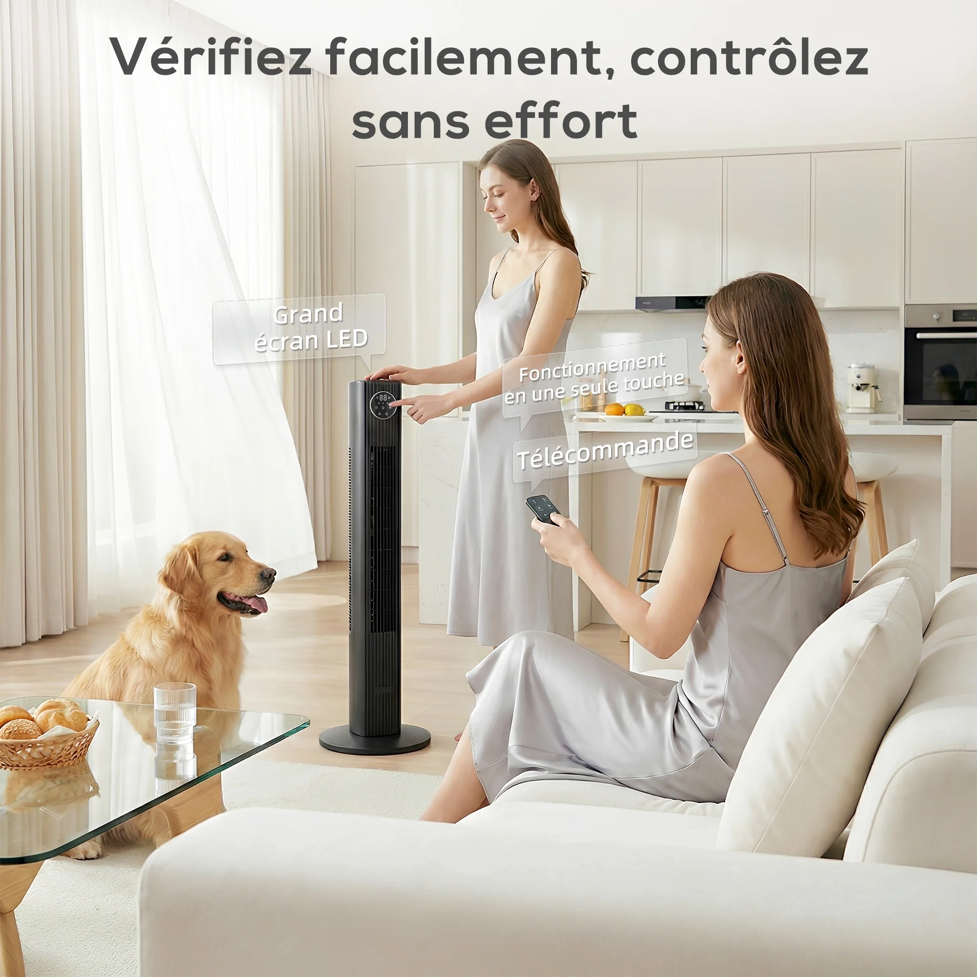 Ventilateur colonne silencieux 28dB, vitesse 8m/s, ventilateur tour pour chambre, 90,5cm de haut, oscillant à 80°, écran LED, télécommande, 12 vitesses, 4 modes, minuterie 12H, noir - Image 9
