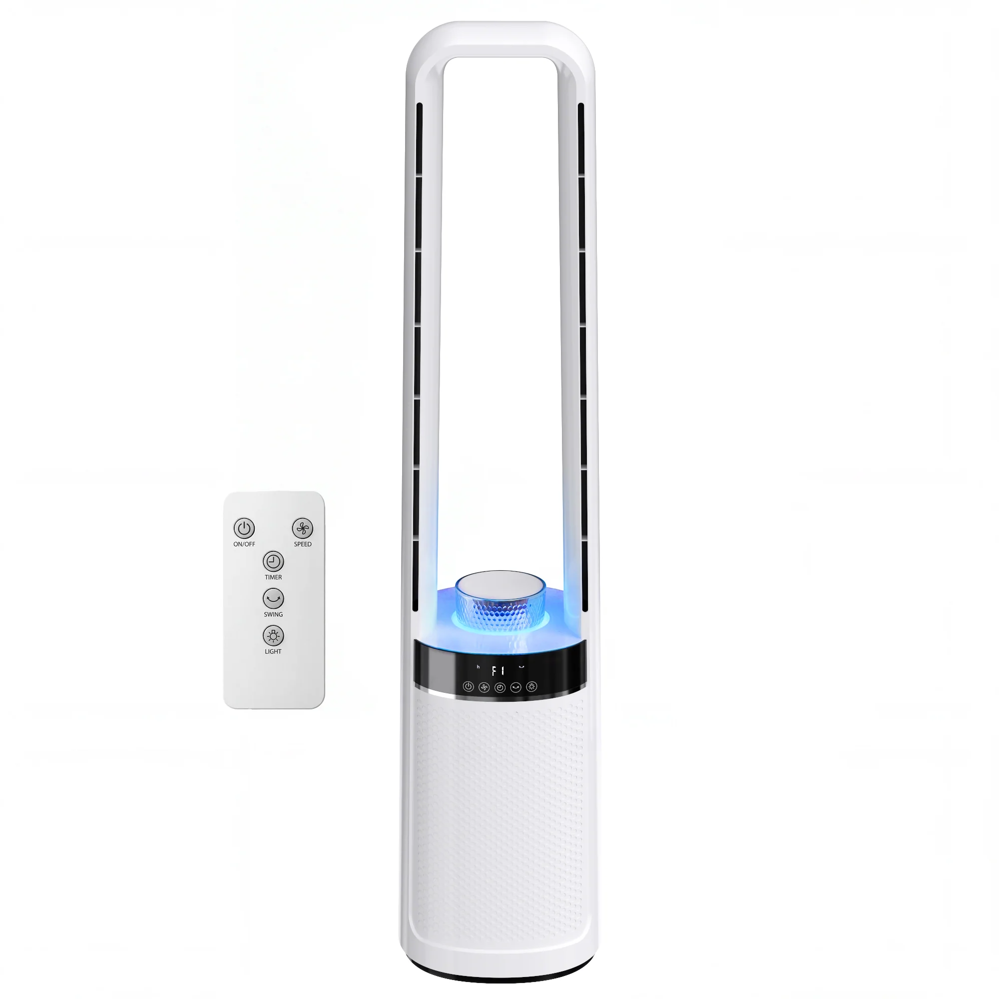 Ventilateur colonne silencieux 36dB, ventilateur tour pour chambre, 93,3cm de haut, oscillant à 45°, lumières LED, 3 vitesses, minuteur 12H, télécommande, blanc