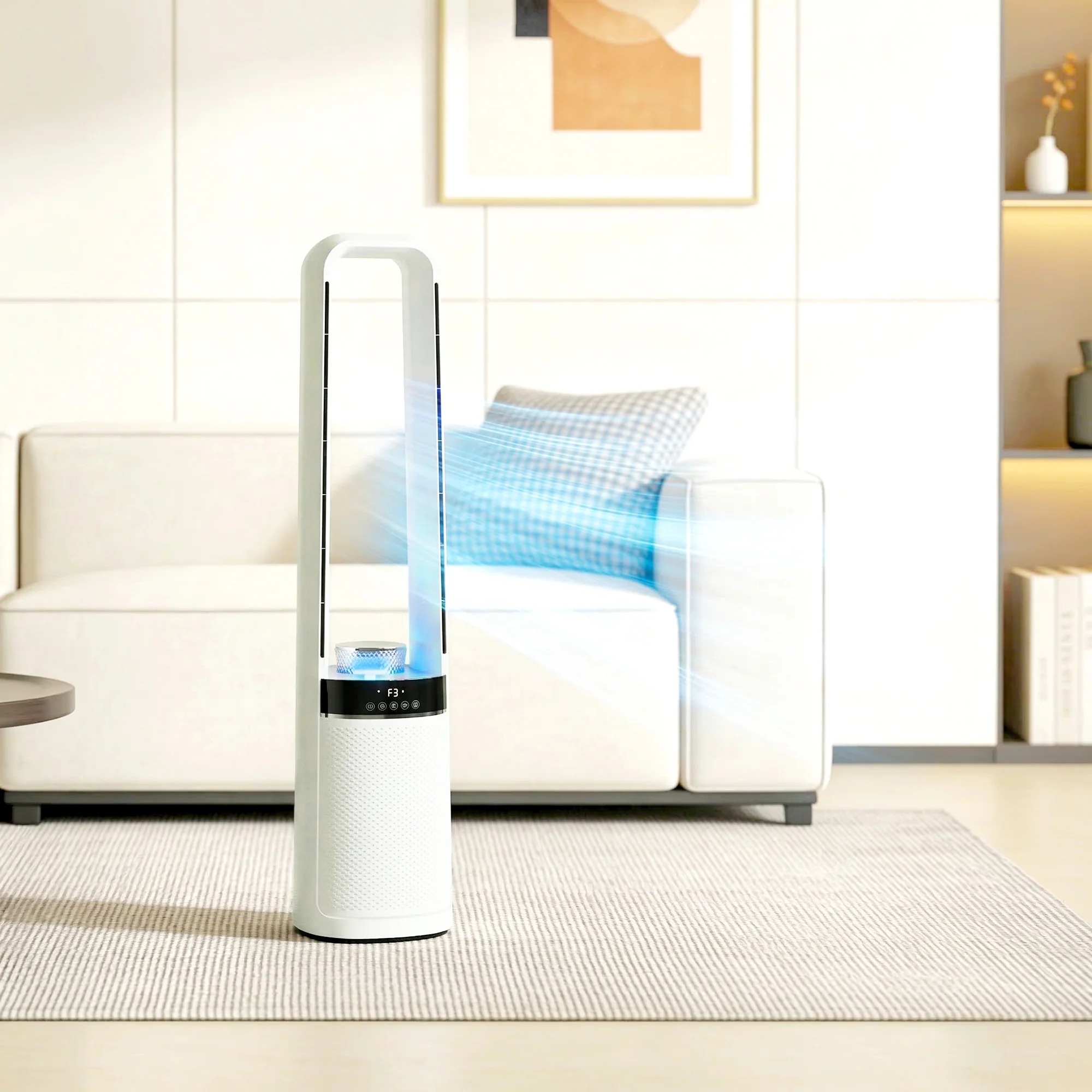Ventilateur colonne silencieux 36dB, ventilateur tour pour chambre, 93,3cm de haut, oscillant à 45°, lumières LED, 3 vitesses, minuteur 12H, télécommande, blanc - Image 3