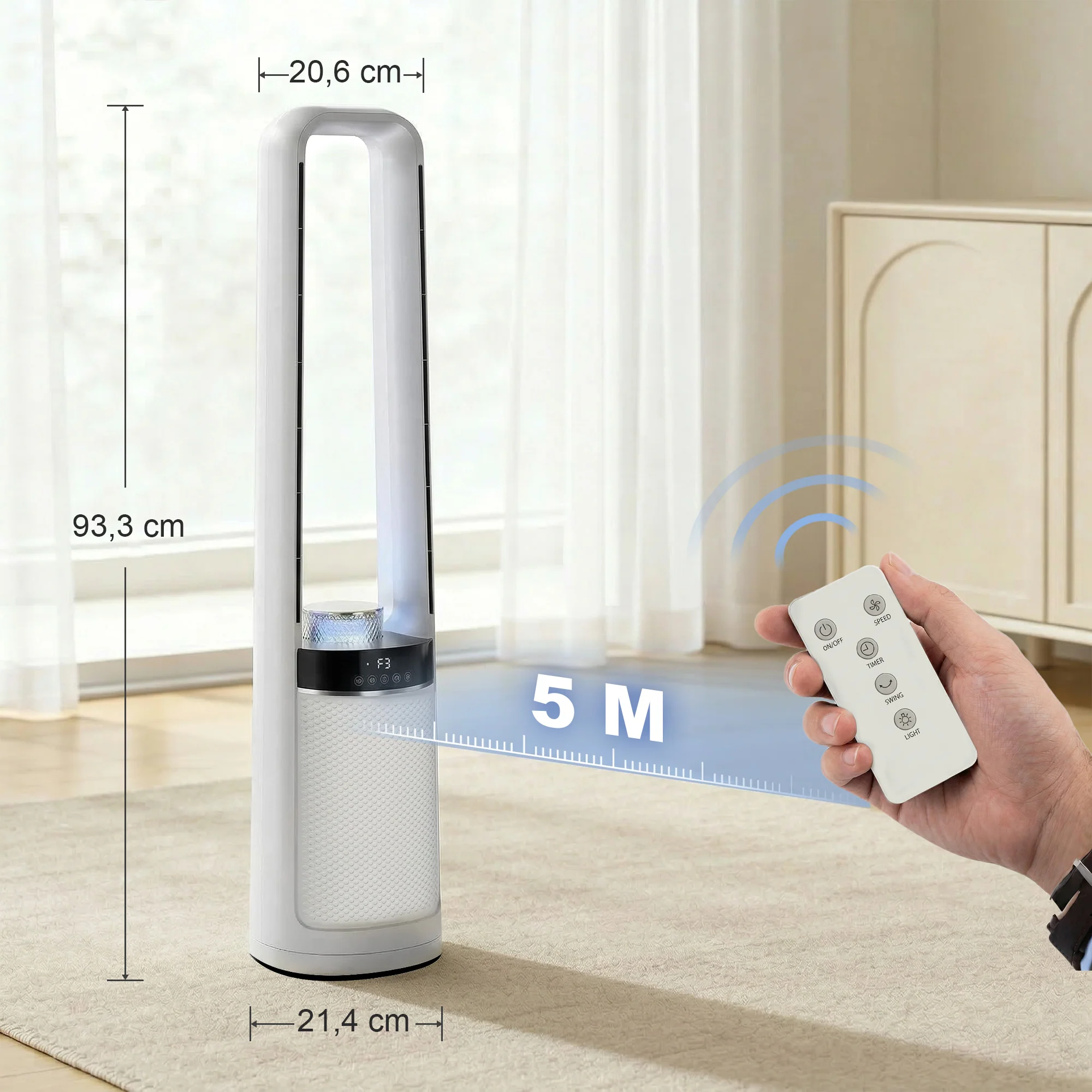 Ventilateur colonne silencieux 36dB, ventilateur tour pour chambre, 93,3cm de haut, oscillant à 45°, lumières LED, 3 vitesses, minuteur 12H, télécommande, blanc - Image 4