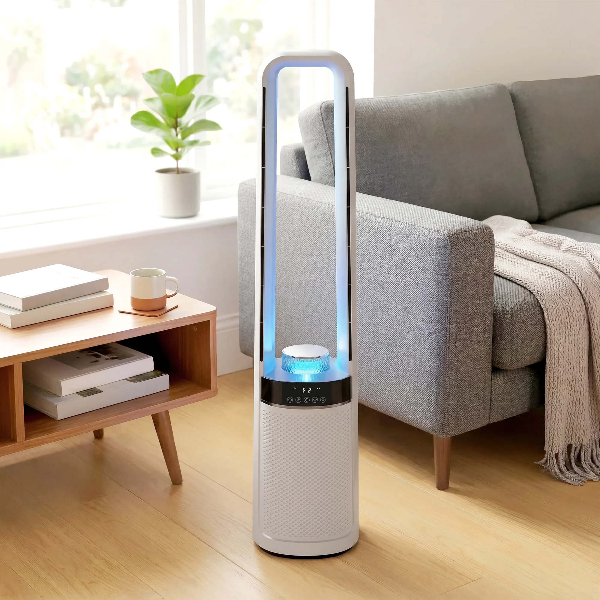 Ventilateur colonne silencieux 36dB, ventilateur tour pour chambre, 93,3cm de haut, oscillant à 45°, lumières LED, 3 vitesses, minuteur 12H, télécommande, blanc - Image 6