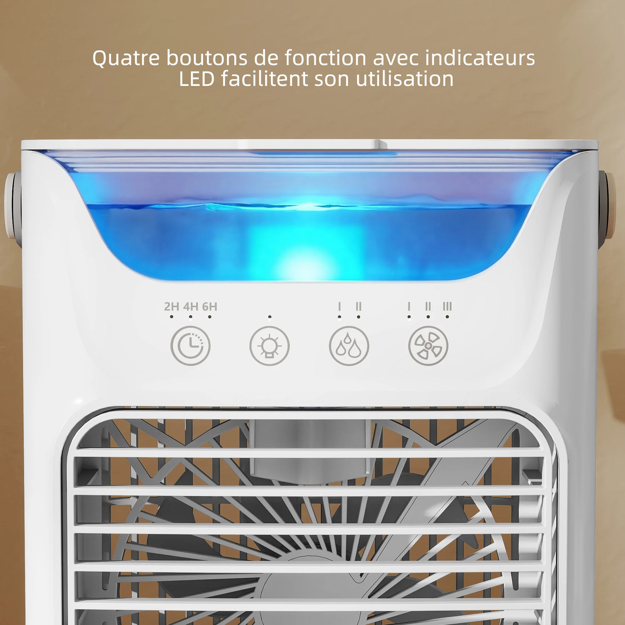 Ventilateur de table avec lumière RGB, ventilateur de bureau avec tête orientable, 3 vitesses, réservoir d'eau de 700 ml, pour chambre, dortoir et bureau, blanc - Image 10