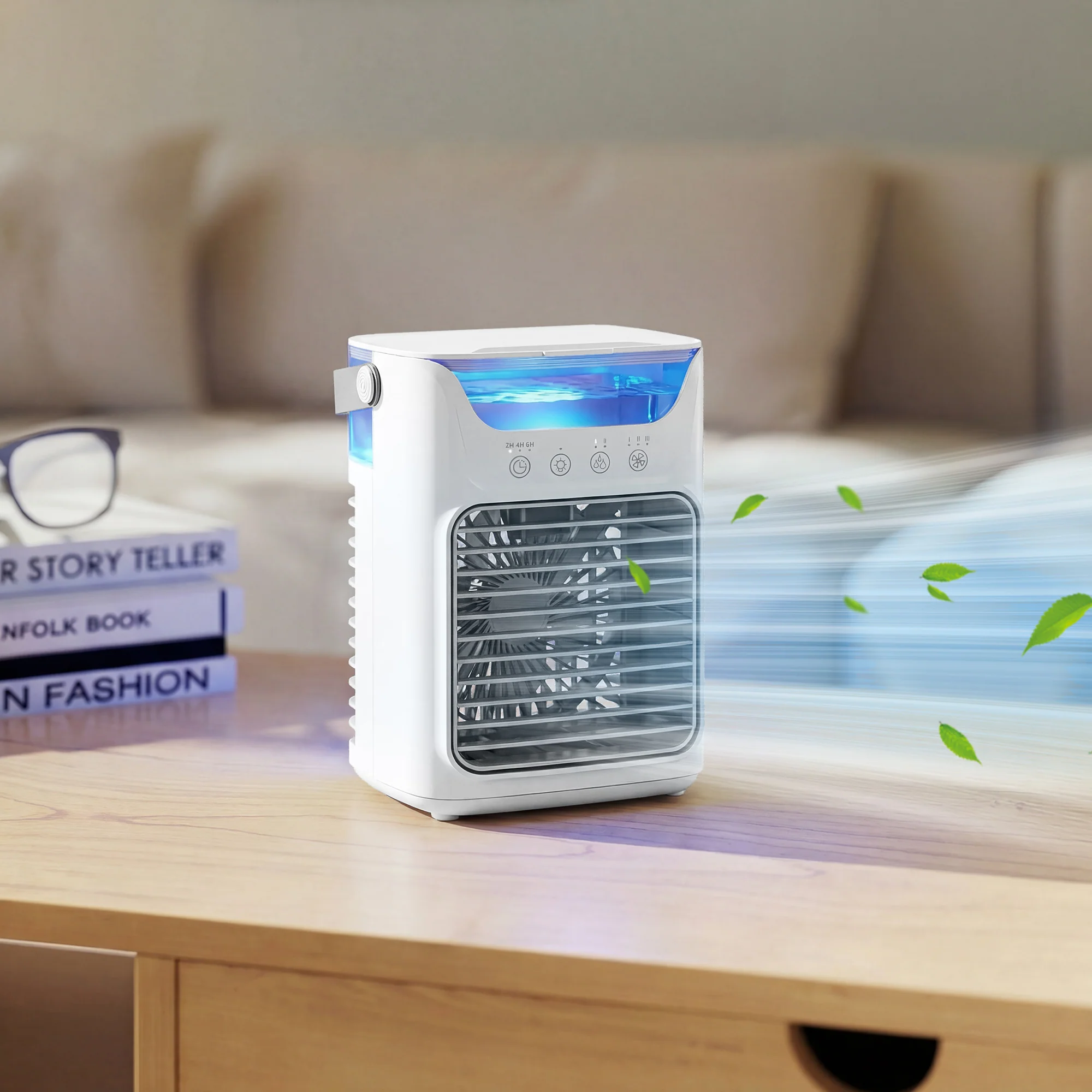Ventilateur de table avec lumière RGB, ventilateur de bureau avec tête orientable, 3 vitesses, réservoir d'eau de 700 ml, pour chambre, dortoir et bureau, blanc - Image 11