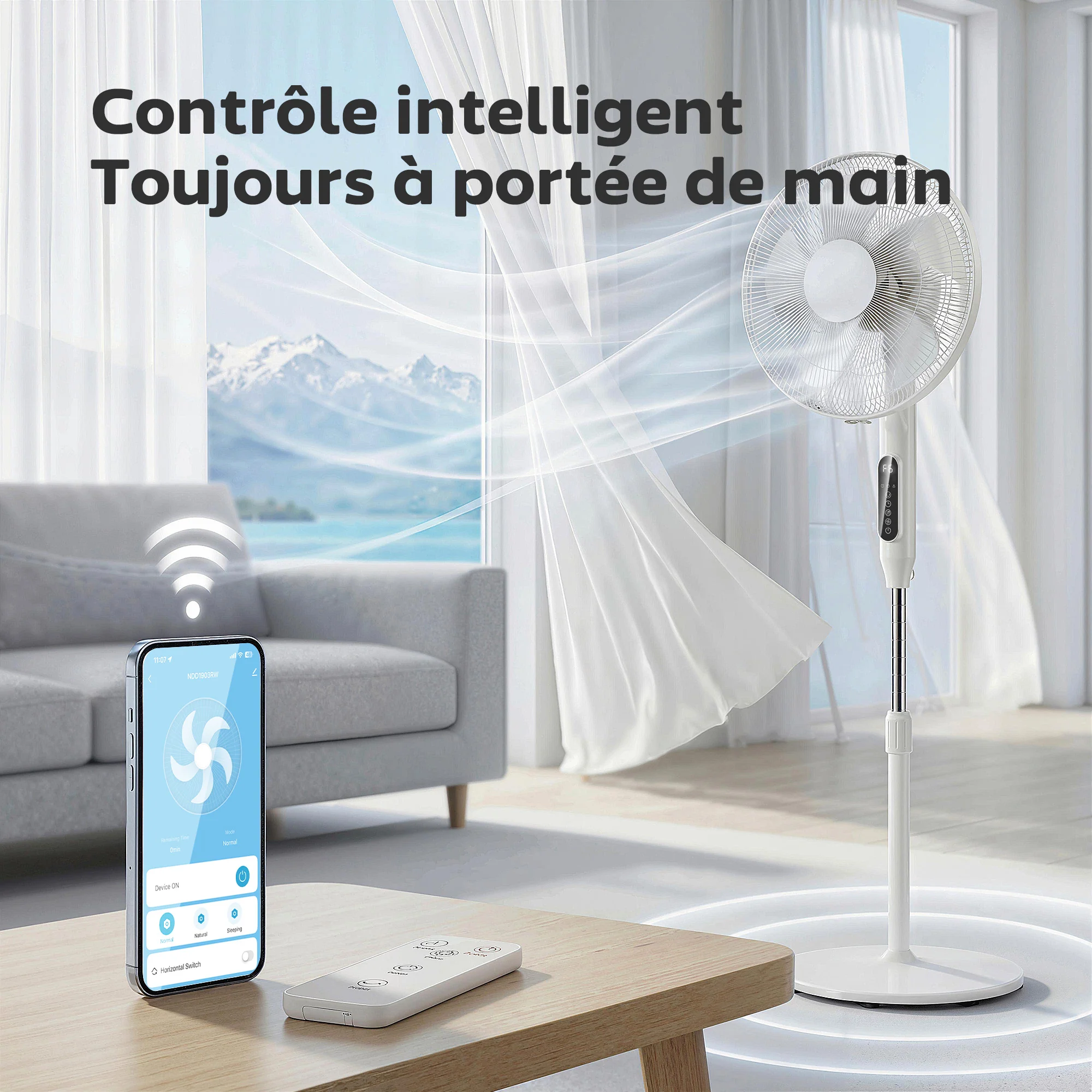 Ventilateur sur pied contr?lé par APP, ventilateur 45 cm avec télécommande, 3 vitesses, 3 modes, hauteur réglable 118-138 cm, minuterie 15 h, oscillant, pour chambre, salon, bureau, blanc - Image 5
