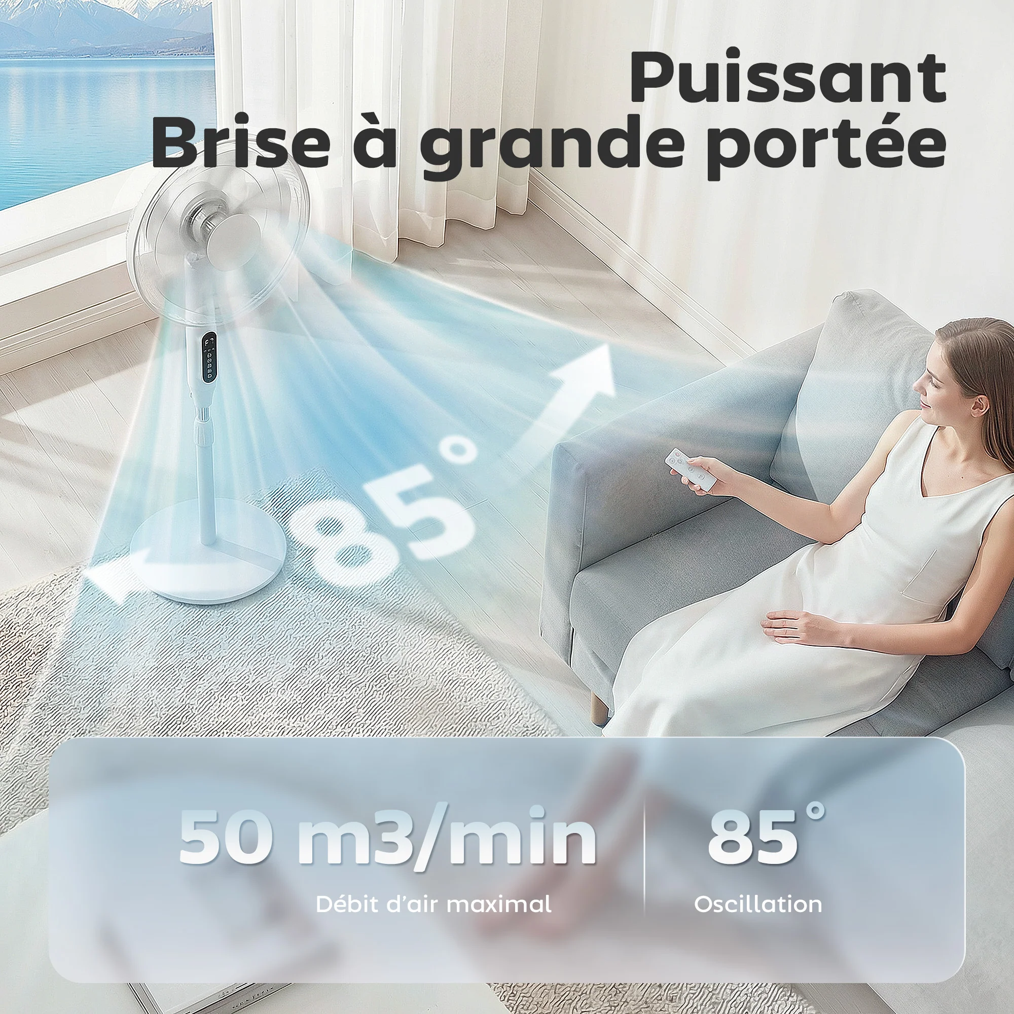 Ventilateur sur pied contr?lé par APP, ventilateur 45 cm avec télécommande, 3 vitesses, 3 modes, hauteur réglable 118-138 cm, minuterie 15 h, oscillant, pour chambre, salon, bureau, blanc - Image 7