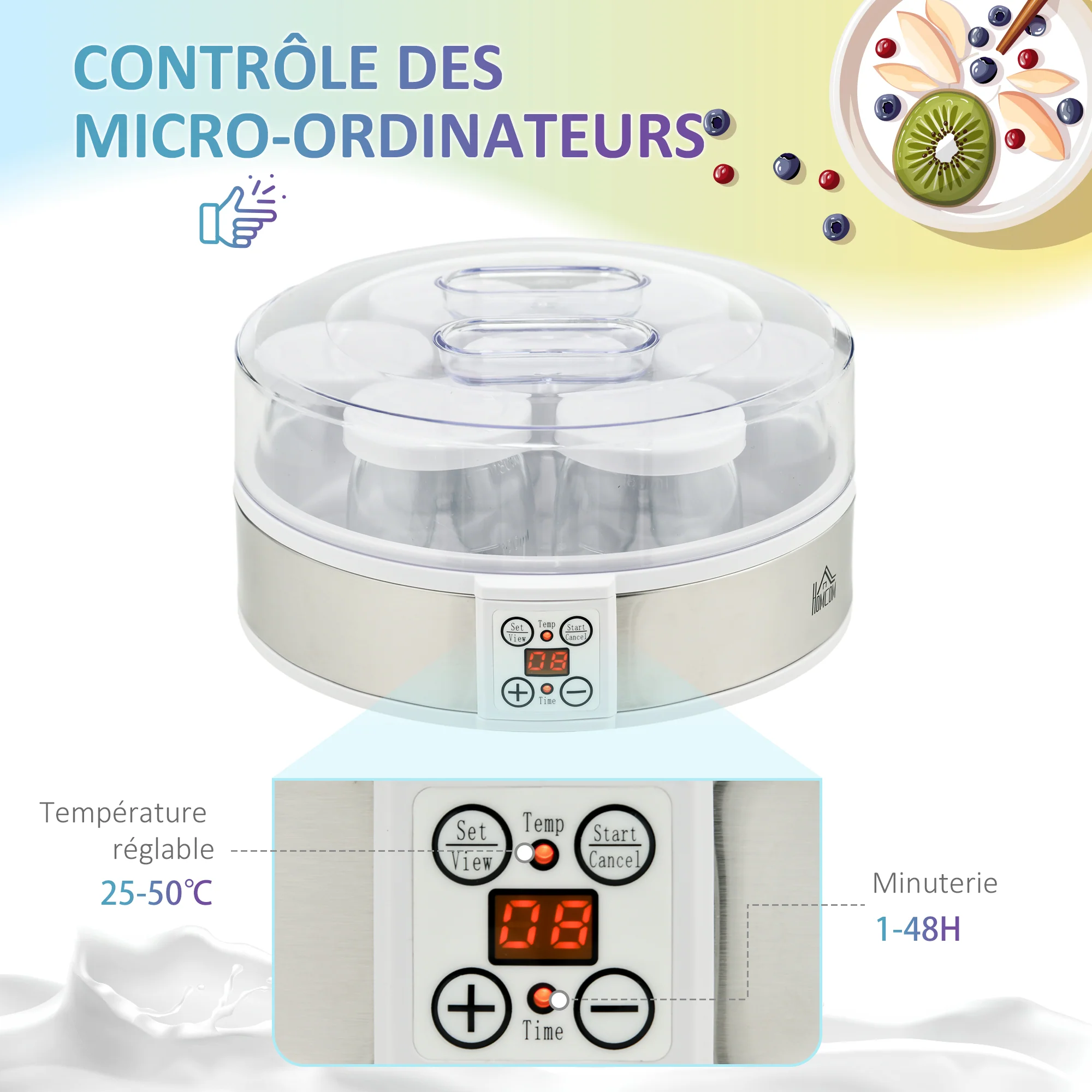 Yaourtière 7 pots en verre de 180ml, machine à yaourt électrique en acier inoxydable avec minuterie, thermostat réglable et affichage LED pour des desserts maison sains blanc - Image 7