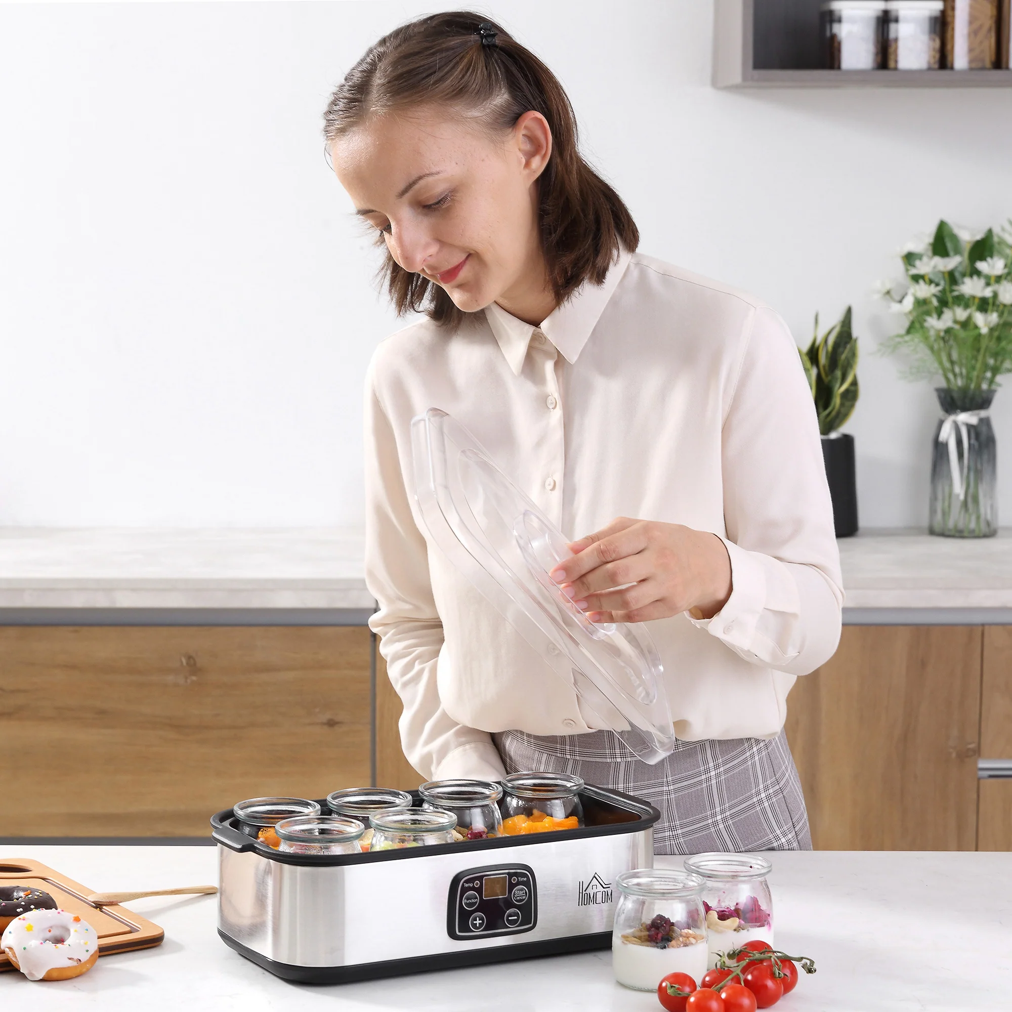 Yaourtière avec 8 pots en verre de 180ml, machine à yaourt électrique en acier inoxydable avec minuterie, thermostat réglable et affichage numérique pour des desserts maison sains - Image 10