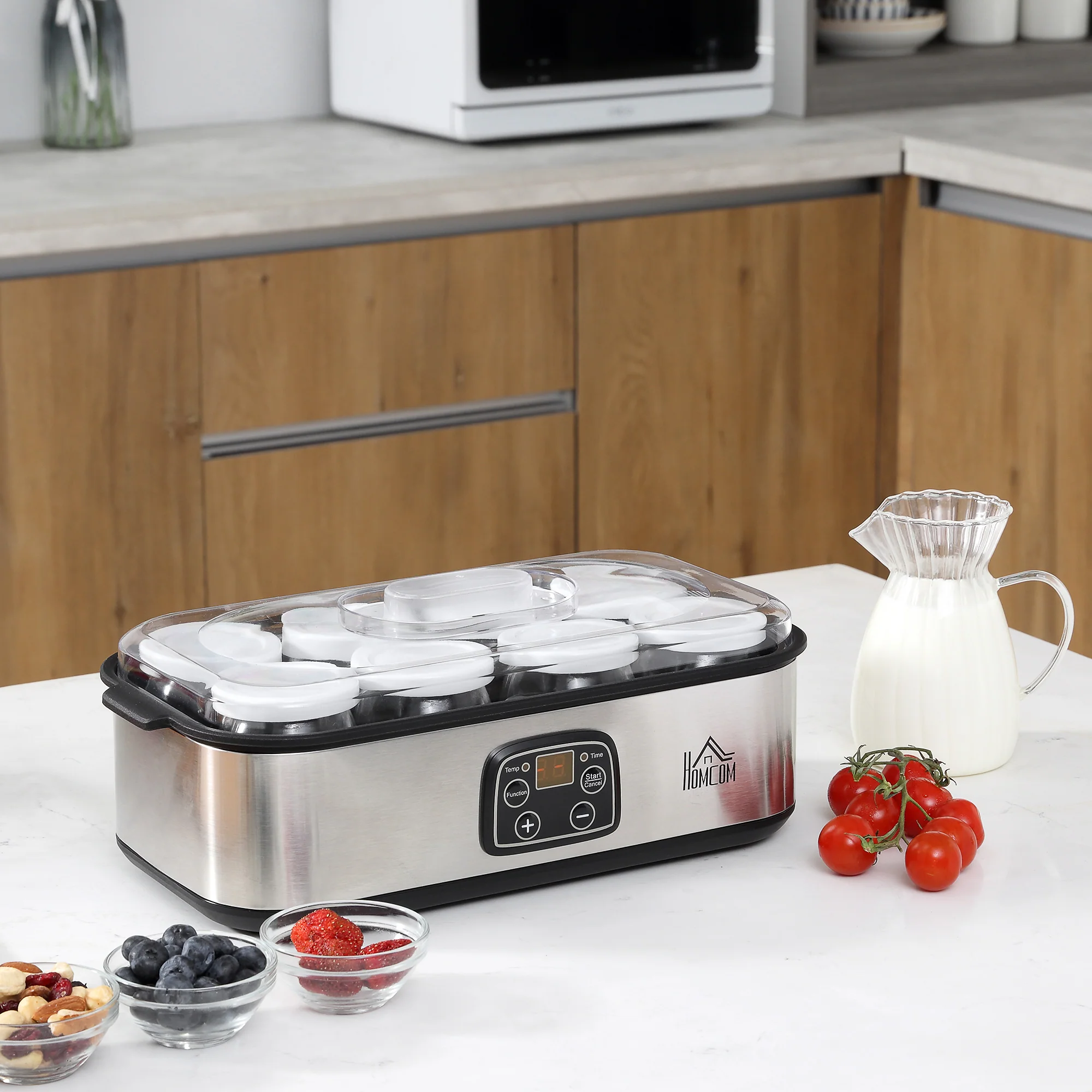Yaourtière avec 8 pots en verre de 180ml, machine à yaourt électrique en acier inoxydable avec minuterie, thermostat réglable et affichage numérique pour des desserts maison sains - Image 3