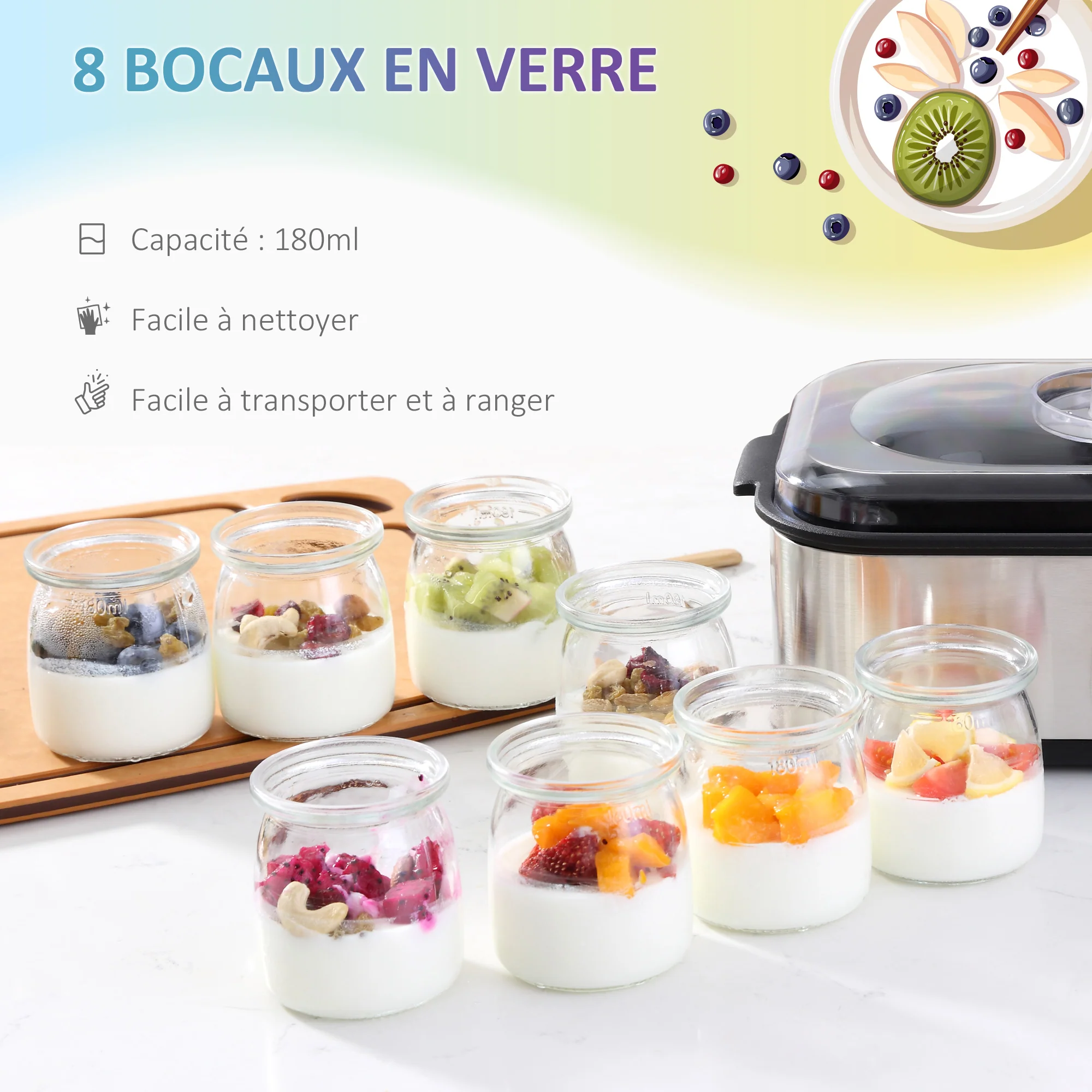 Yaourtière avec 8 pots en verre de 180ml, machine à yaourt électrique en acier inoxydable avec minuterie, thermostat réglable et affichage numérique pour des desserts maison sains - Image 5