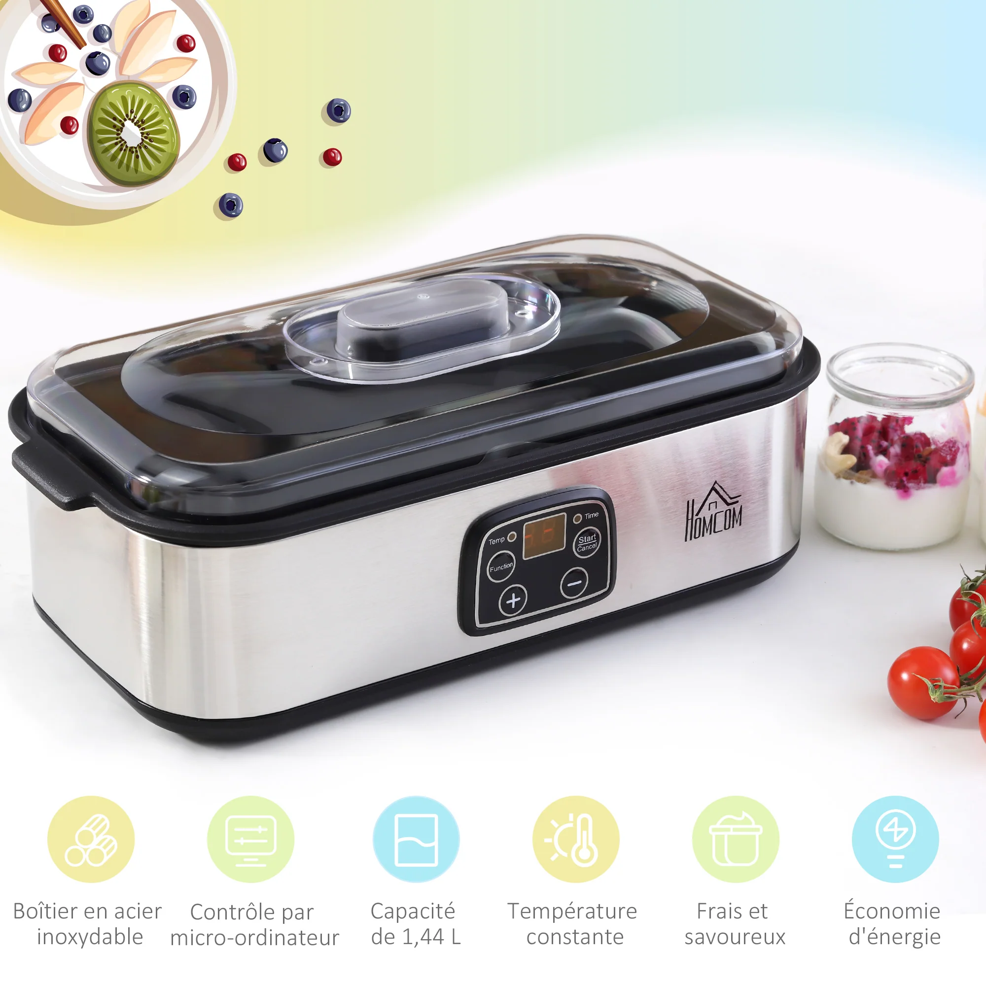 Yaourtière avec 8 pots en verre de 180ml, machine à yaourt électrique en acier inoxydable avec minuterie, thermostat réglable et affichage numérique pour des desserts maison sains - Image 6