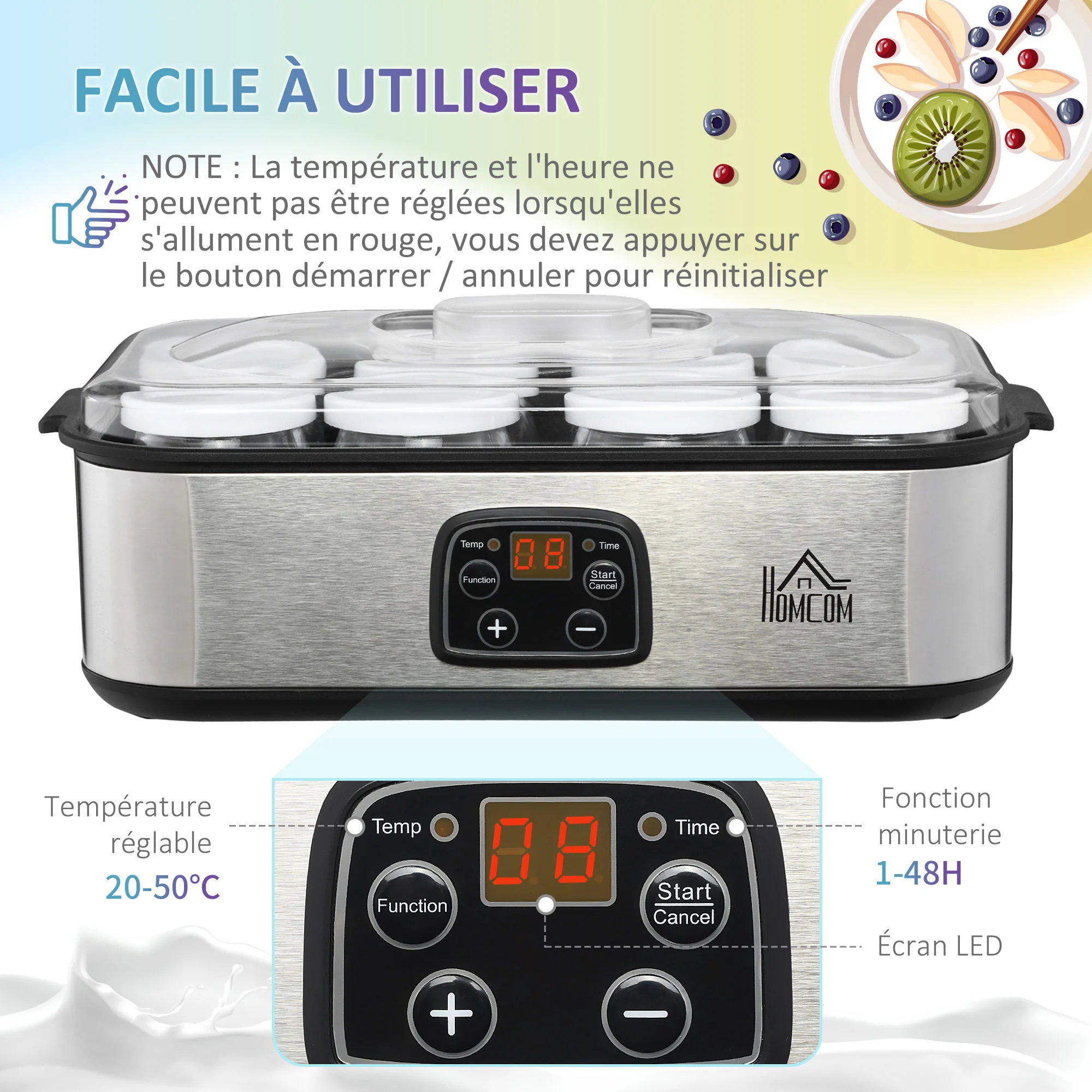 Yaourtière avec 8 pots en verre de 180ml, machine à yaourt électrique en acier inoxydable avec minuterie, thermostat réglable et affichage numérique pour des desserts maison sains - Image 7