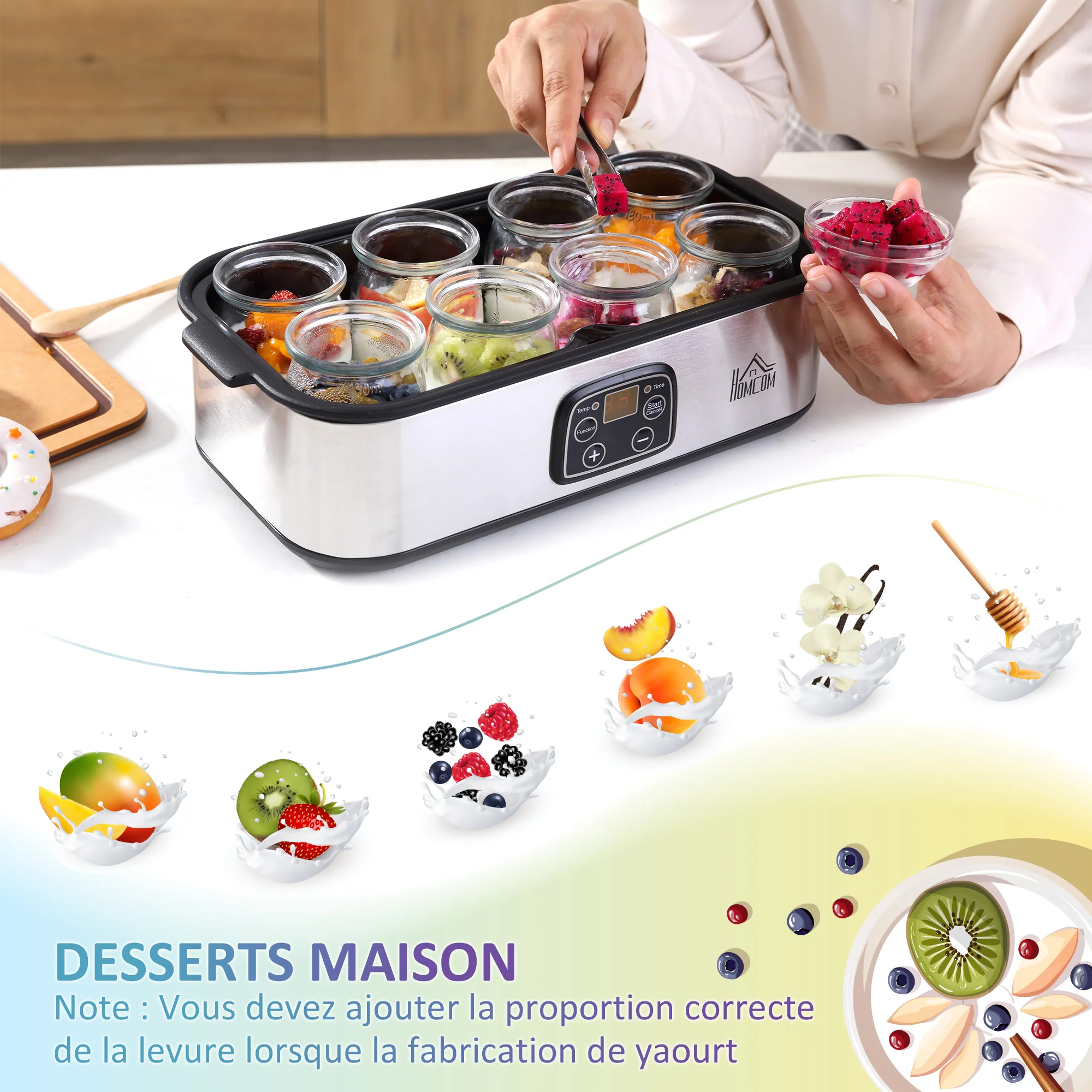 Yaourtière avec 8 pots en verre de 180ml, machine à yaourt électrique en acier inoxydable avec minuterie, thermostat réglable et affichage numérique pour des desserts maison sains - Image 8