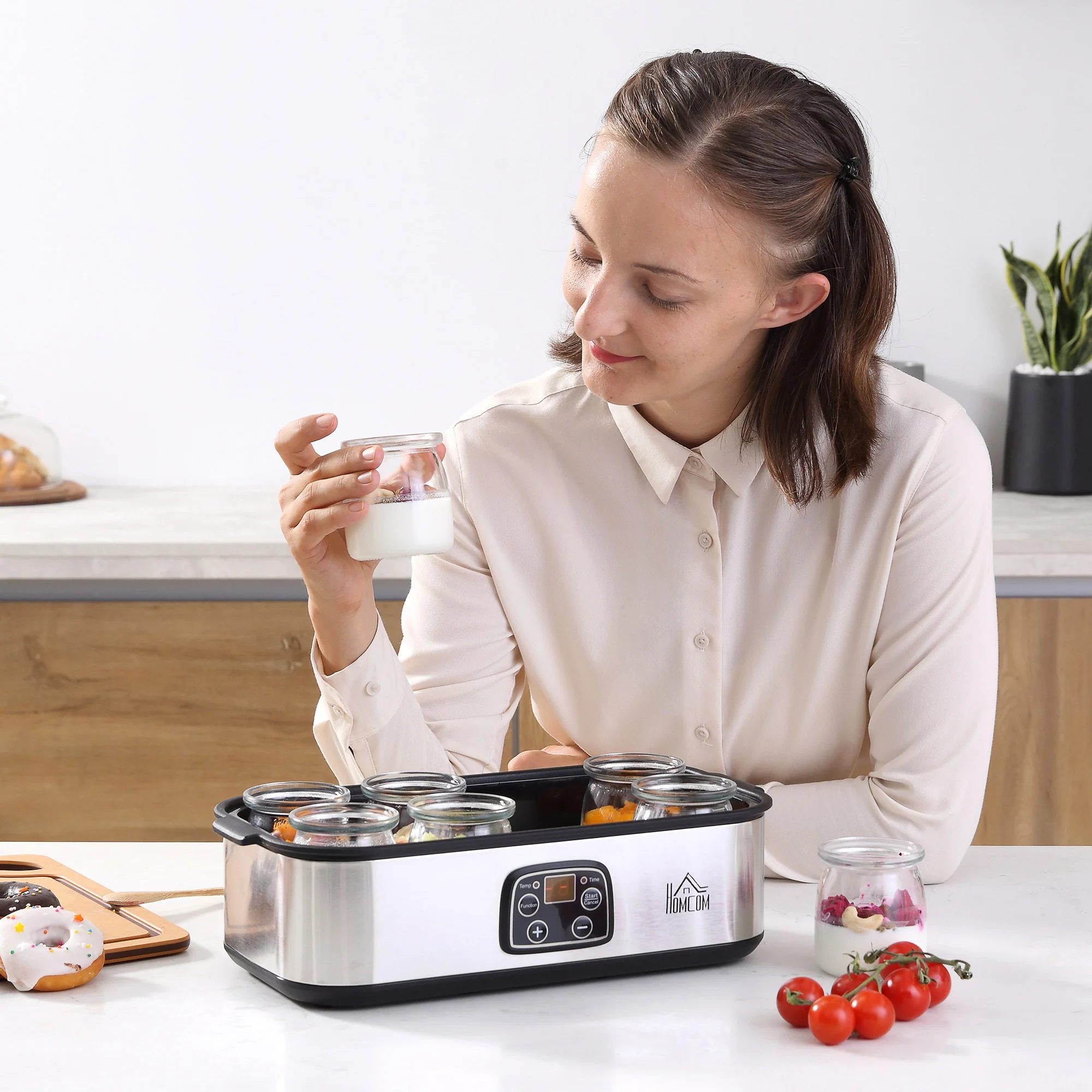 Yaourtière avec 8 pots en verre de 180ml, machine à yaourt électrique en acier inoxydable avec minuterie, thermostat réglable et affichage numérique pour des desserts maison sains - Image 9
